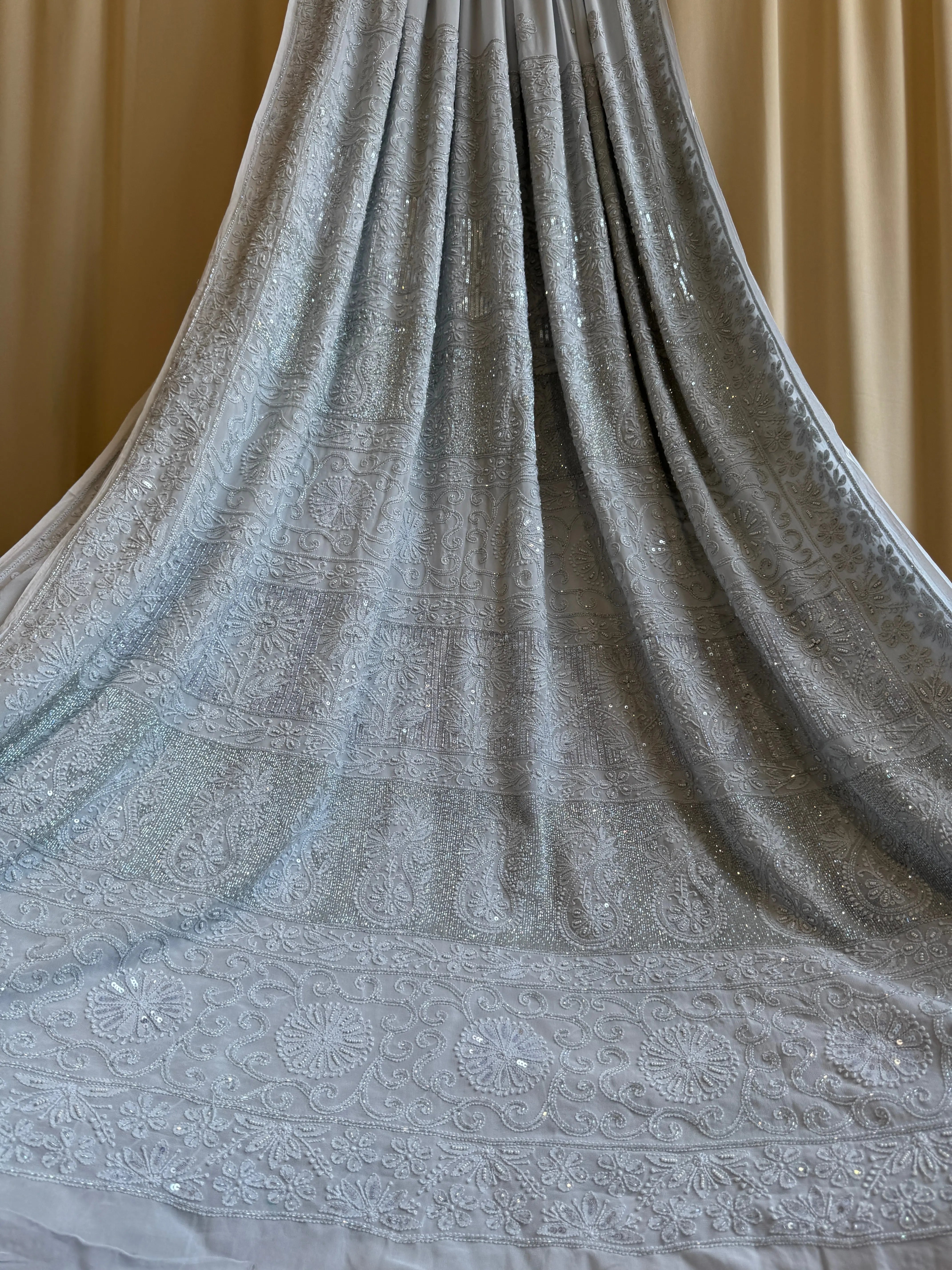 Viscose Light cool grey Chikankari saree with Pearl embellishments ARIAA CHIKANKARI