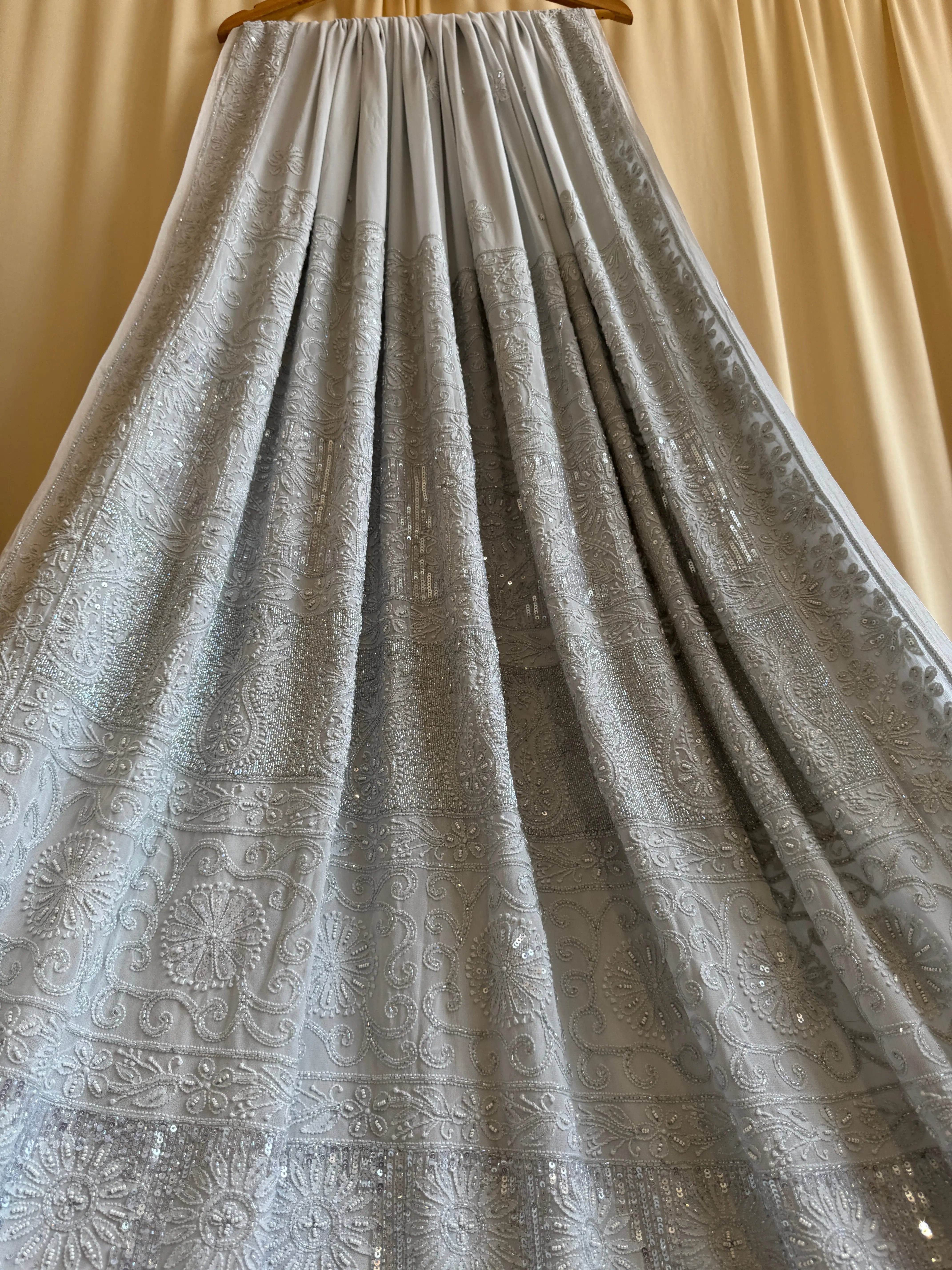 Viscose Light cool grey Chikankari saree with Pearl embellishments ARIAA CHIKANKARI