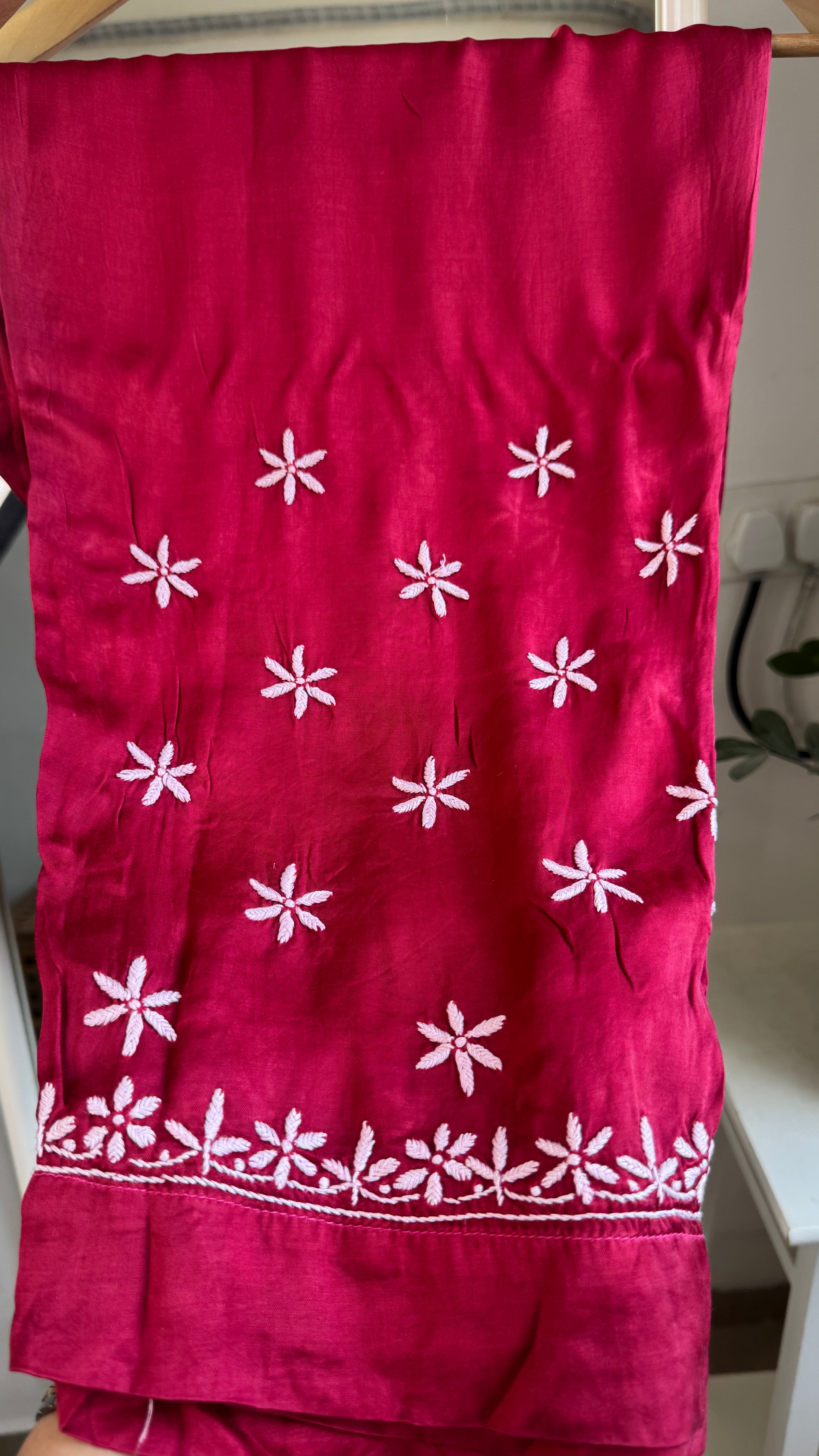 Modal Satin Silk Chikankari Pant Set - Berry Pink