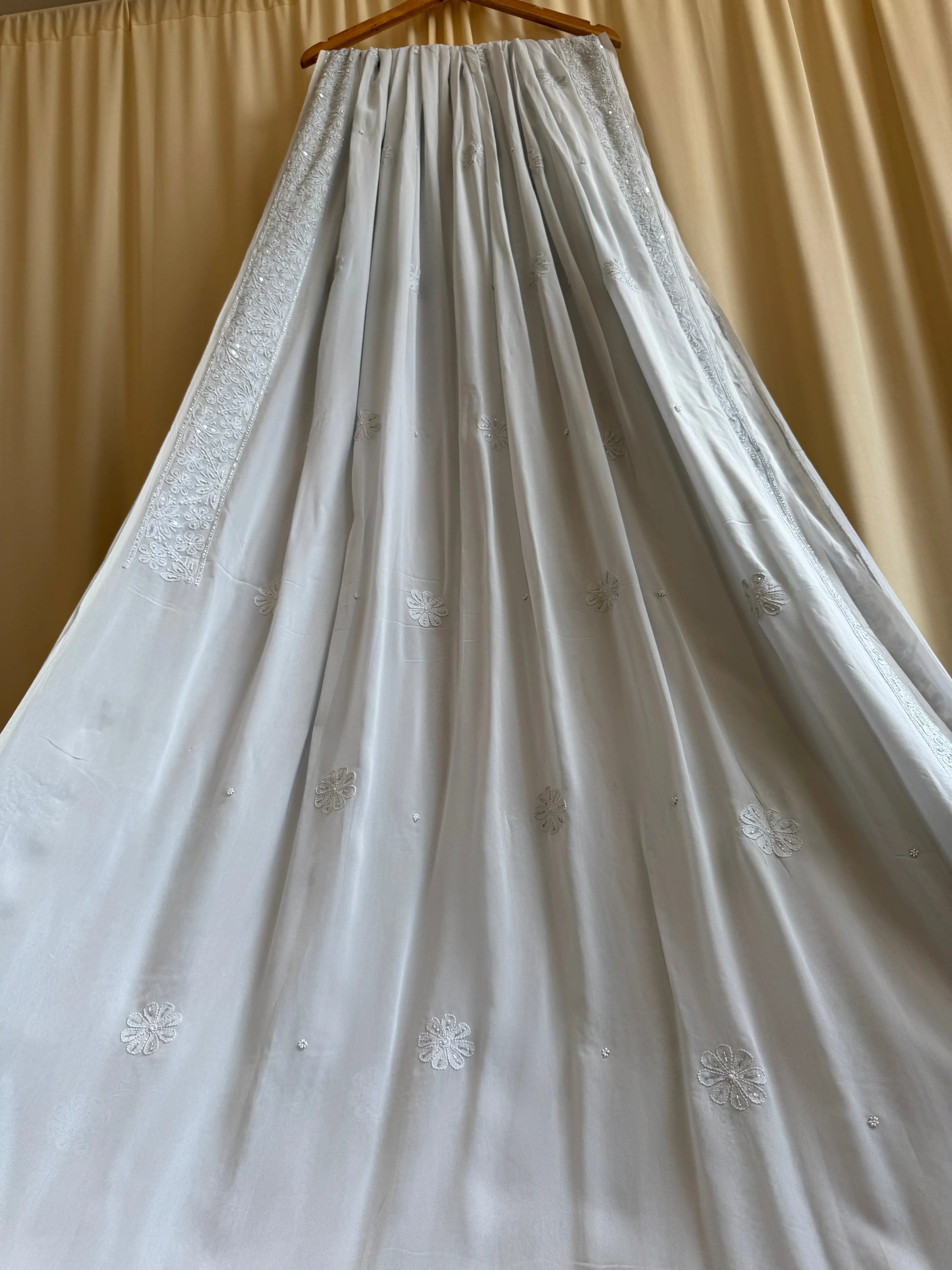 Viscose Light cool grey Chikankari saree with Pearl embellishments ARIAA CHIKANKARI