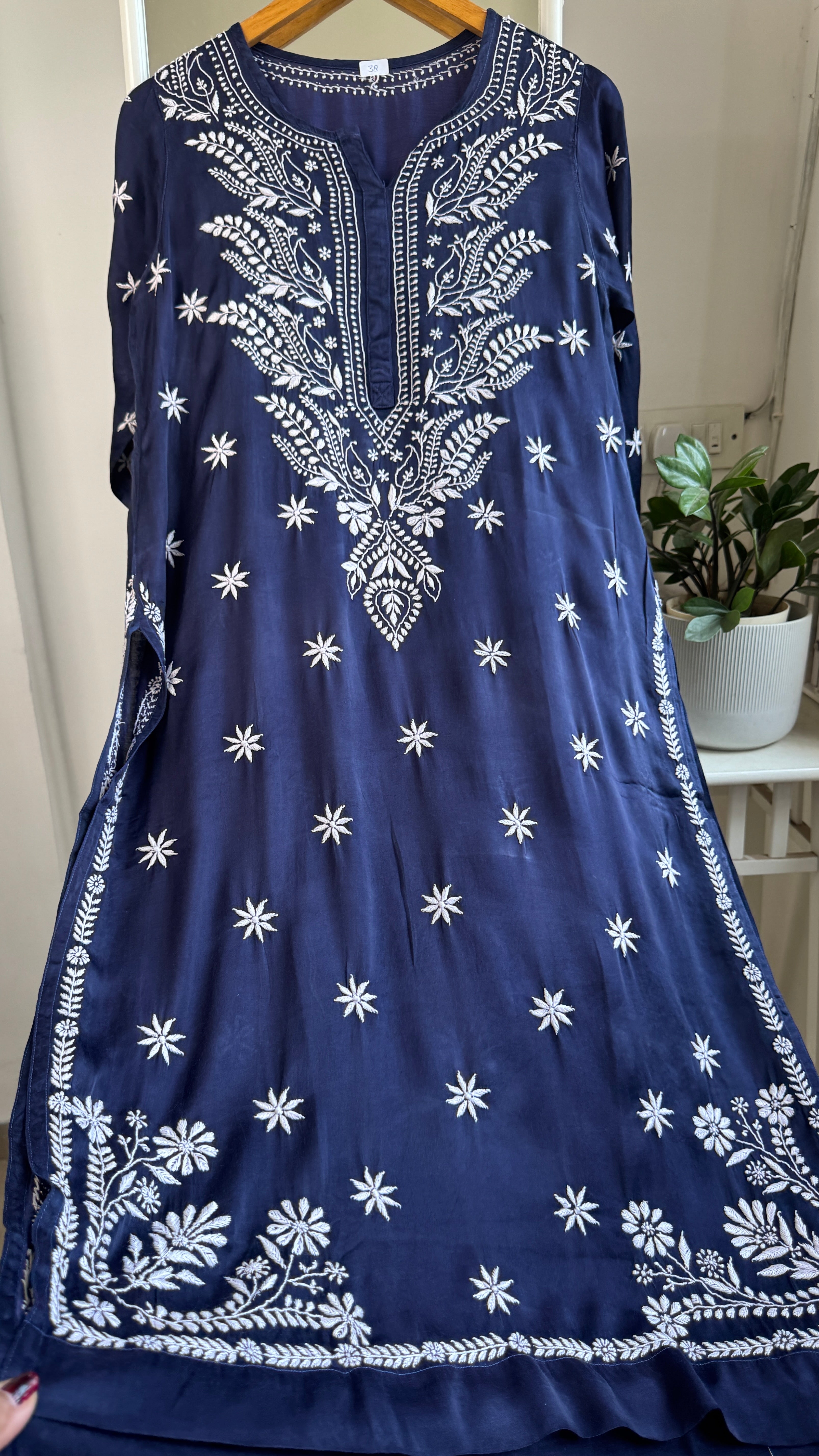 Modal Satin Silk Chikankari Pant Set - Dark Blue