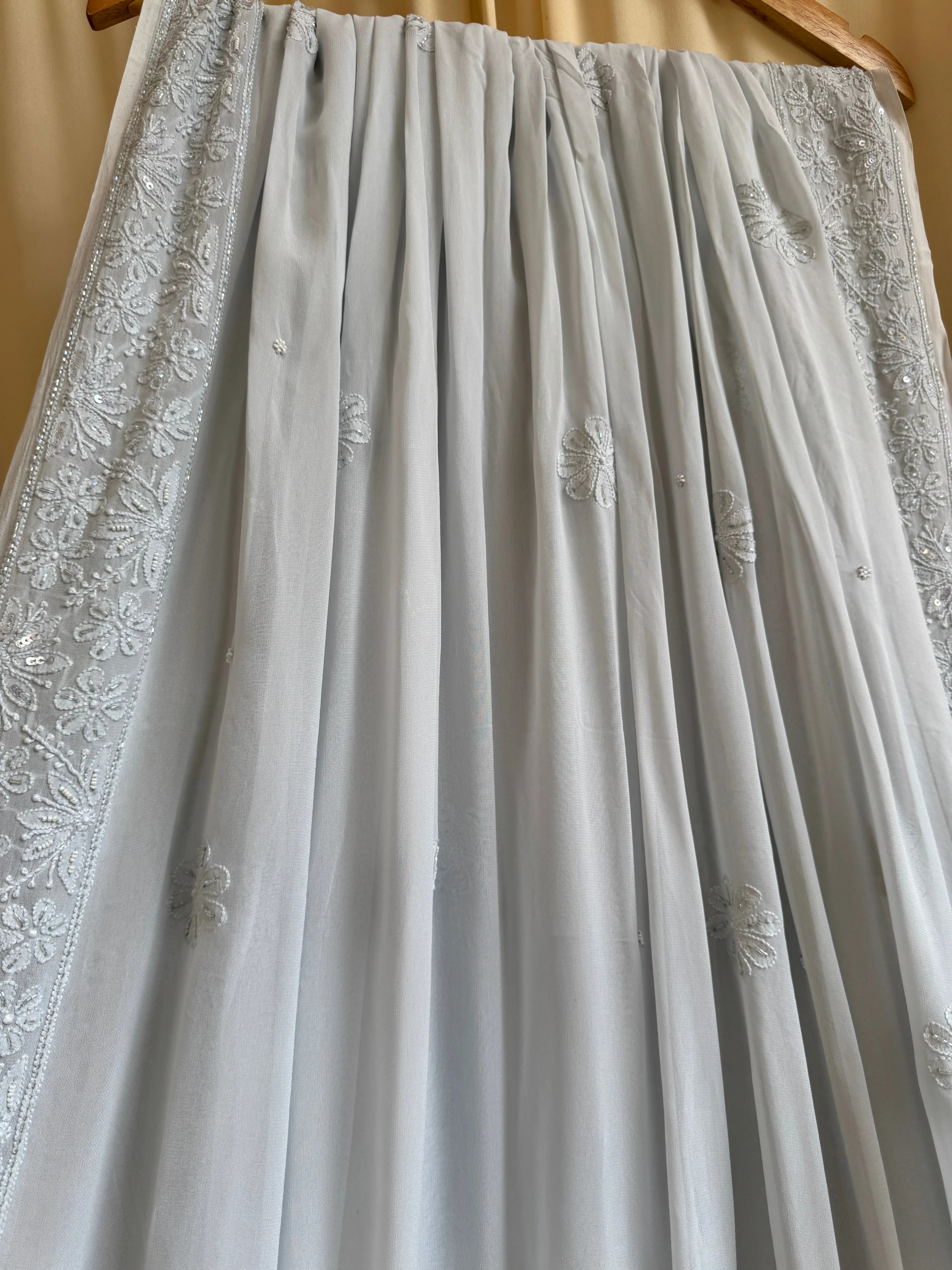 Viscose Light cool grey Chikankari saree with Pearl embellishments ARIAA CHIKANKARI