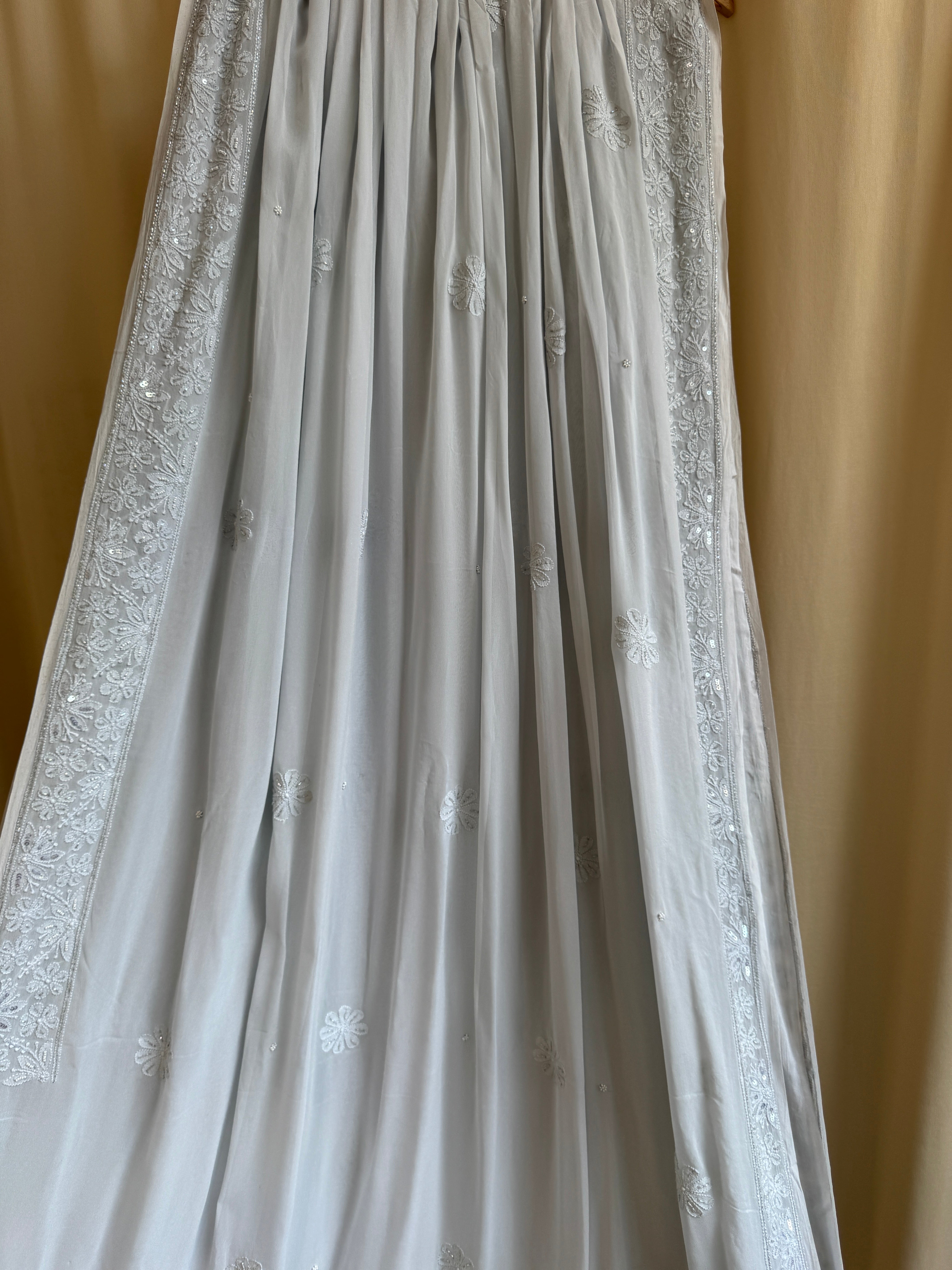 Viscose Light cool grey Chikankari saree with Pearl embellishments