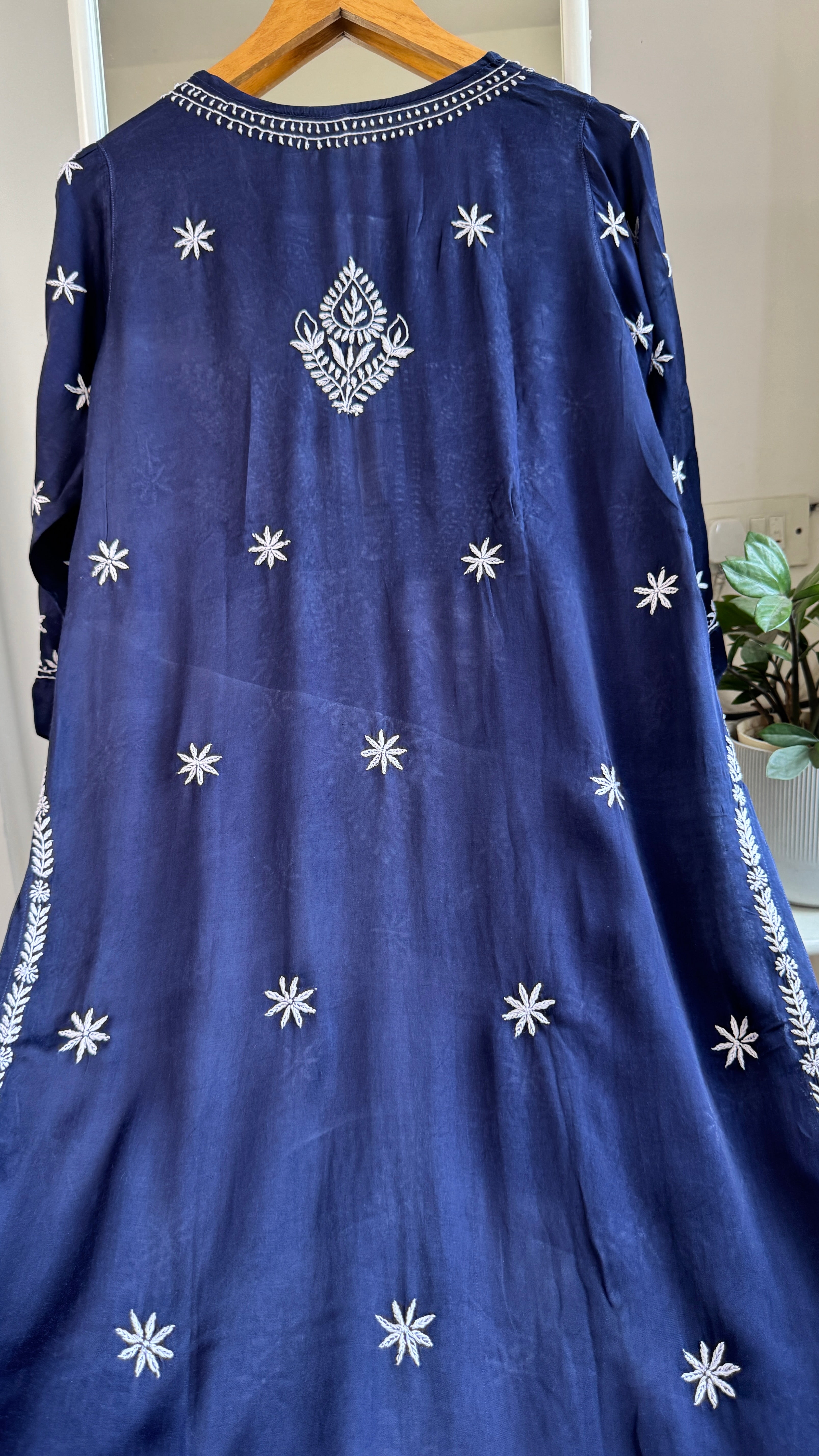 Modal Satin Silk Chikankari Pant Set - Dark Blue