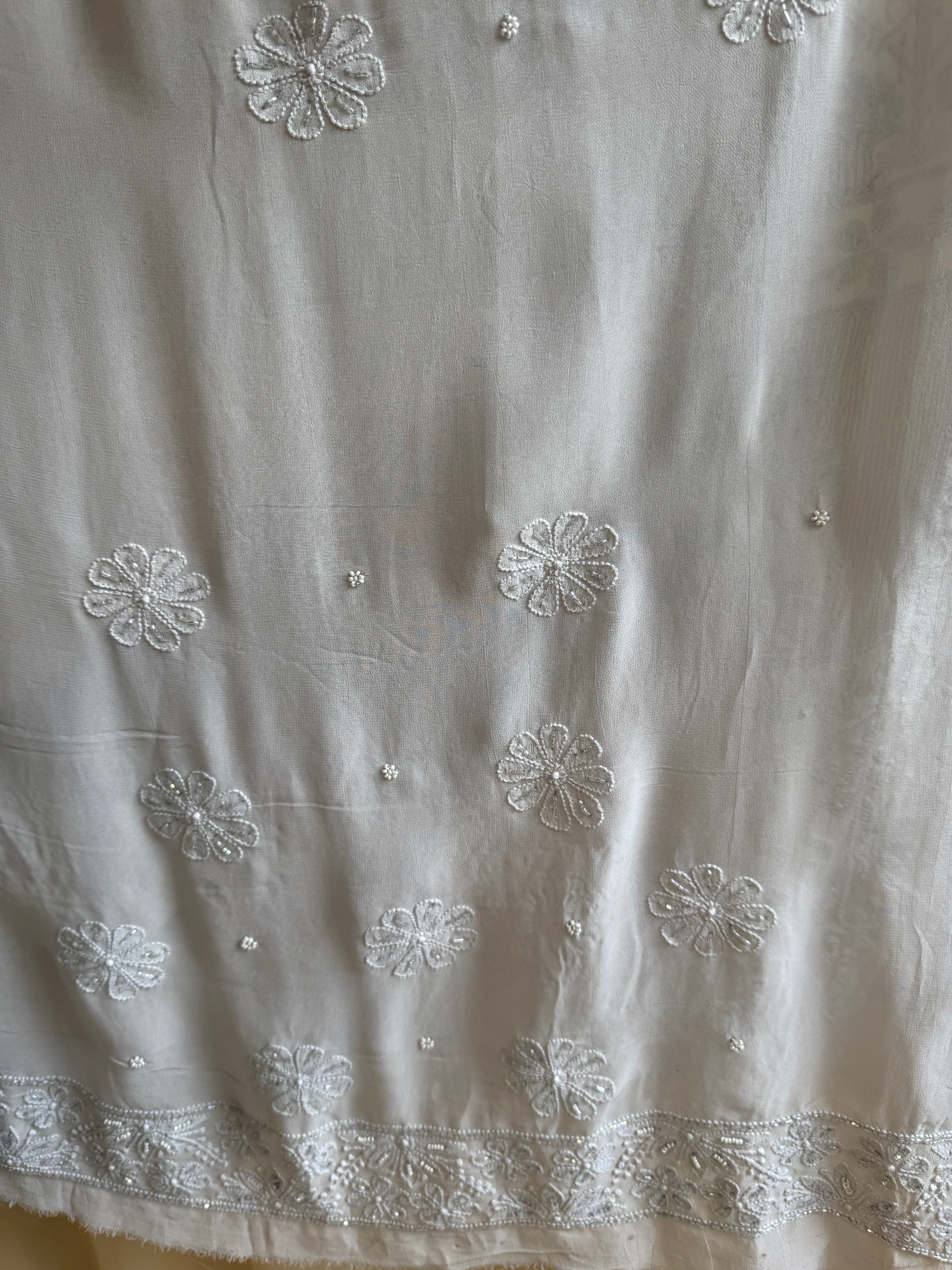 Viscose Light cool grey Chikankari saree with Pearl embellishments
