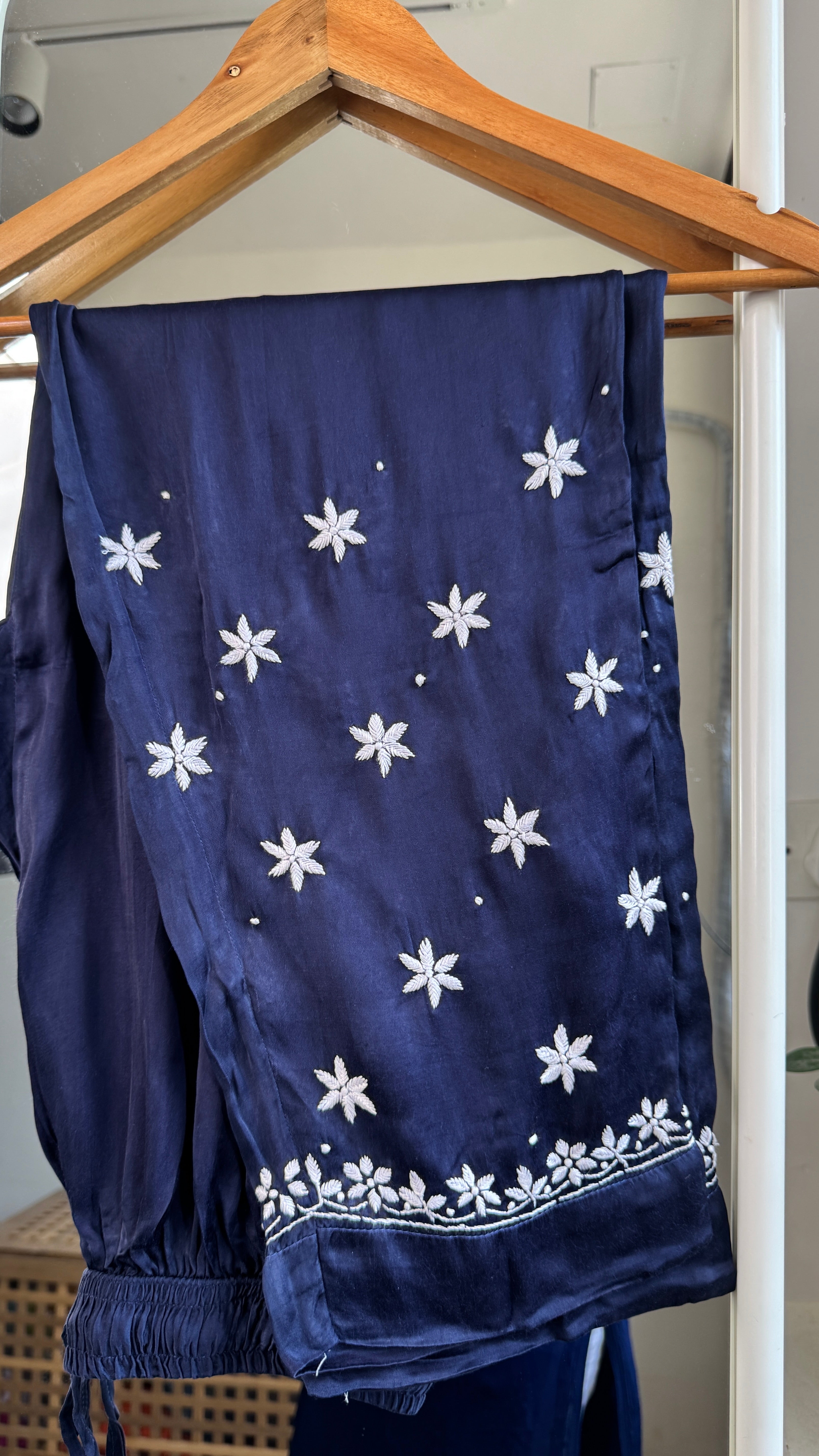 Modal Satin Silk Chikankari Pant Set - Dark Blue