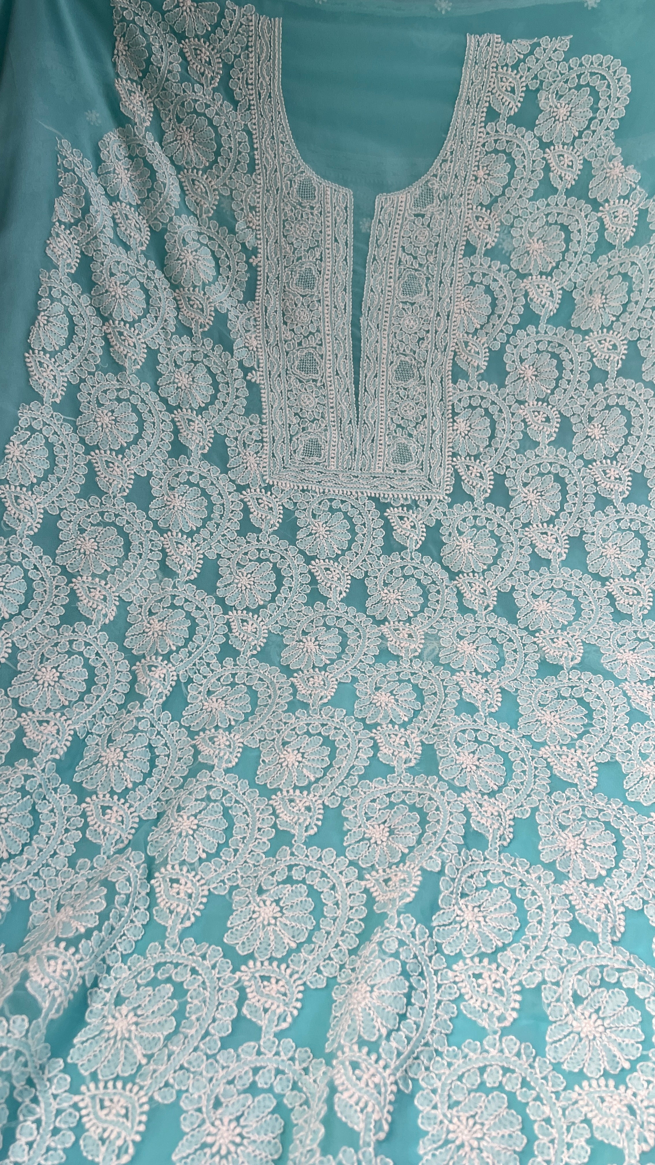 Handcrafted Lucknowi Semi Georgette Unstitched 3-Piece Chikankari Suit Set - Full Jaal - ARIAA CHIKANKARI