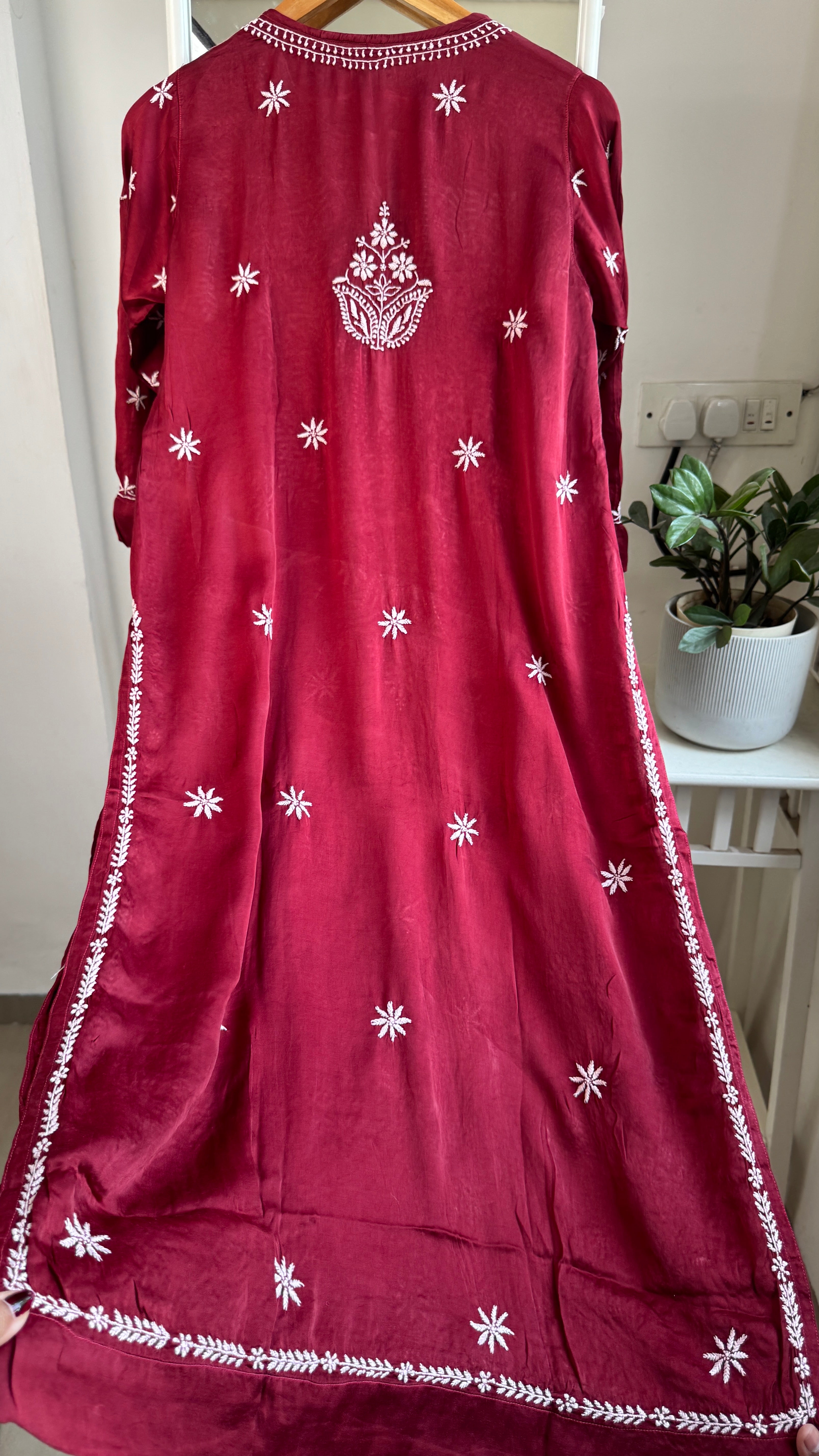 Modal Satin Silk Chikankari Pant Set - Maroon