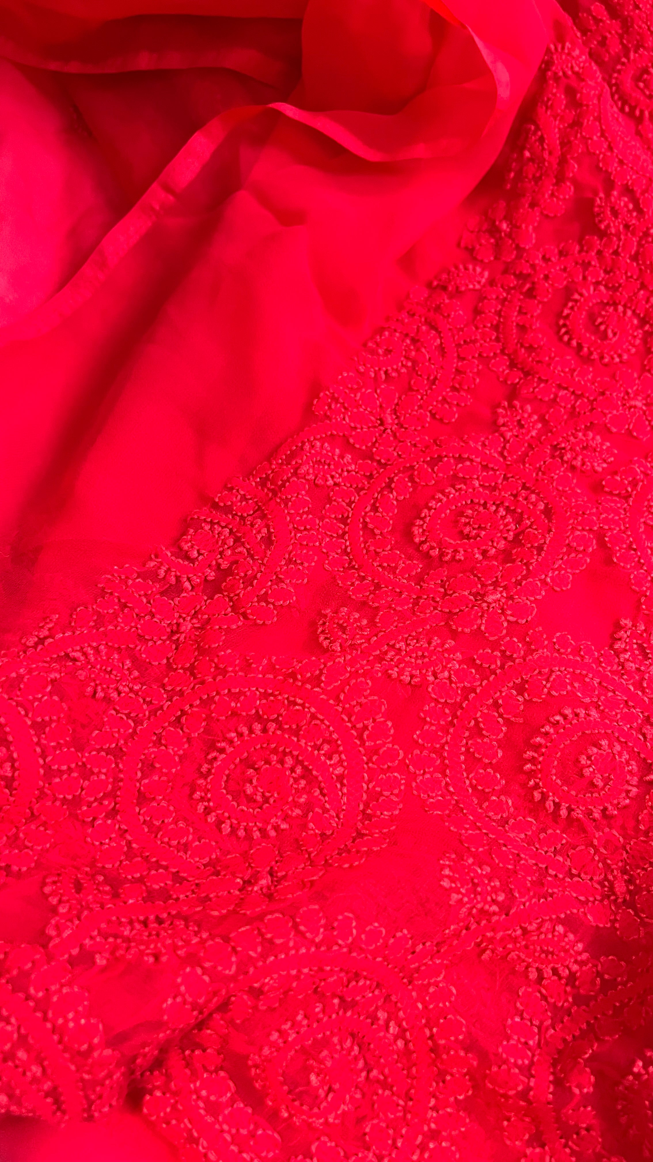 Handcrafted Lucknowi Semi Georgette Unstitched 3-Piece Chikankari Suit Set - Full Jaal - ARIAA CHIKANKARI
