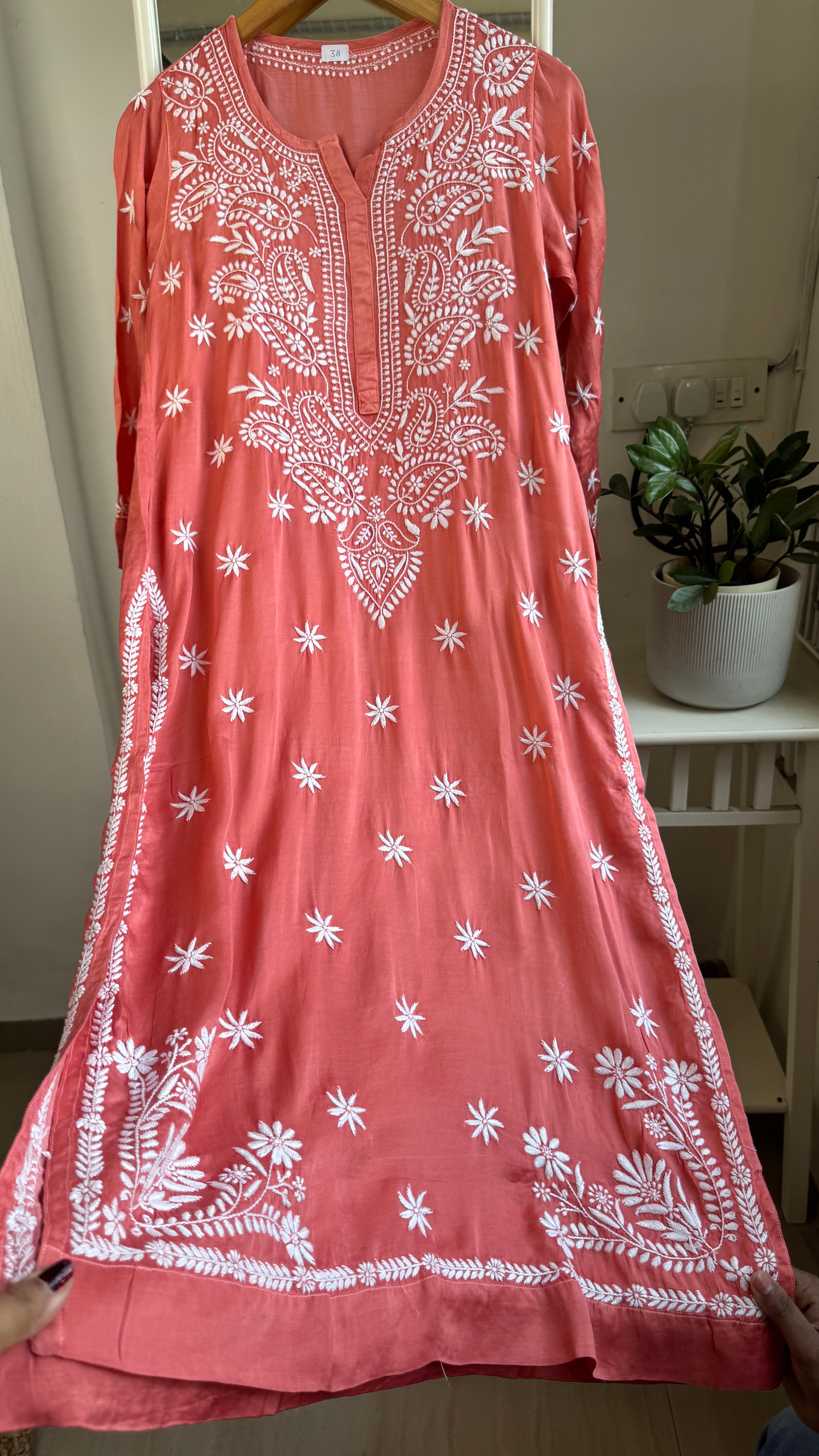Modal Satin Silk Chikankari Pant Set - Peach