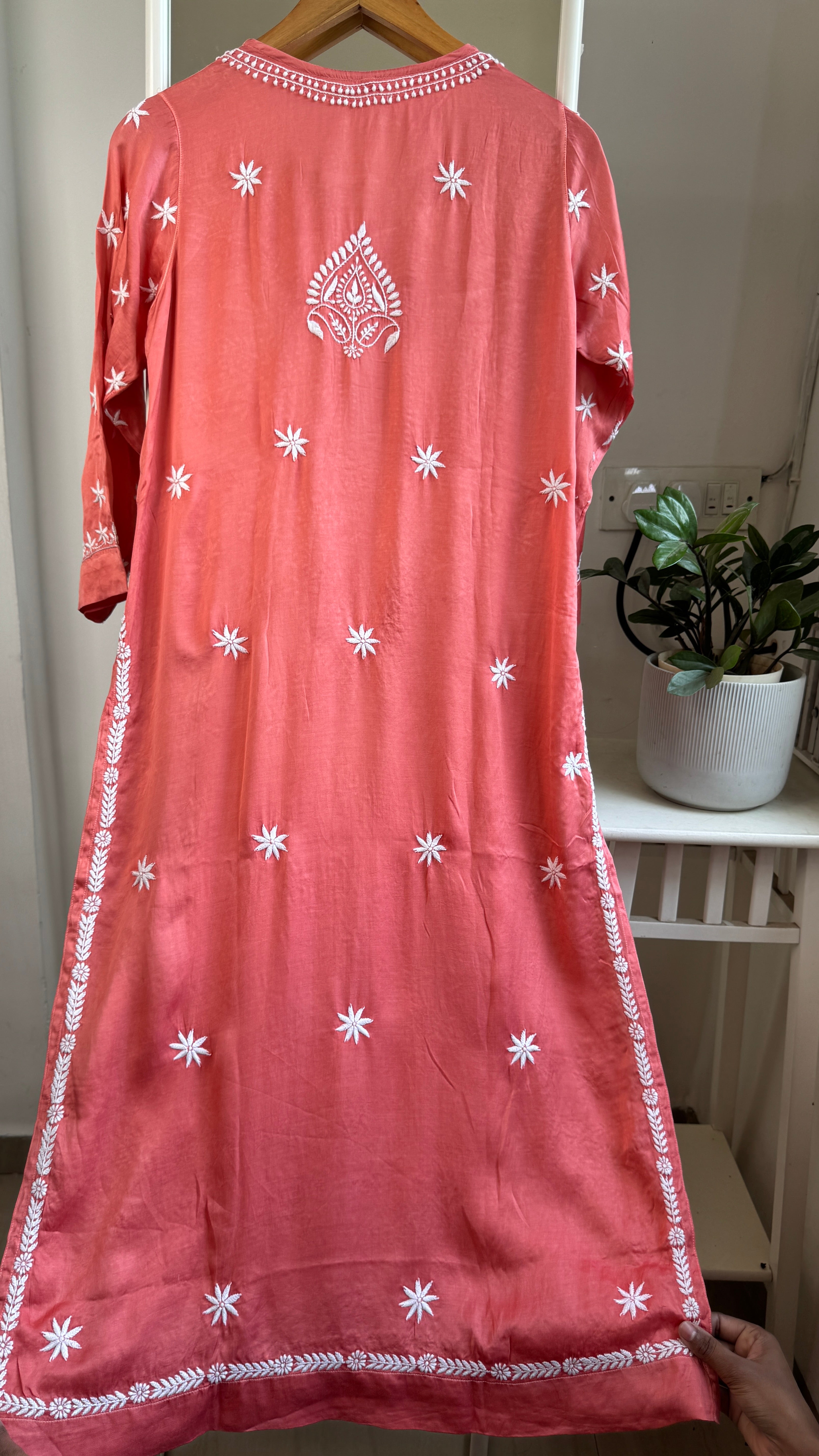 Modal Satin Silk Chikankari Pant Set - Peach