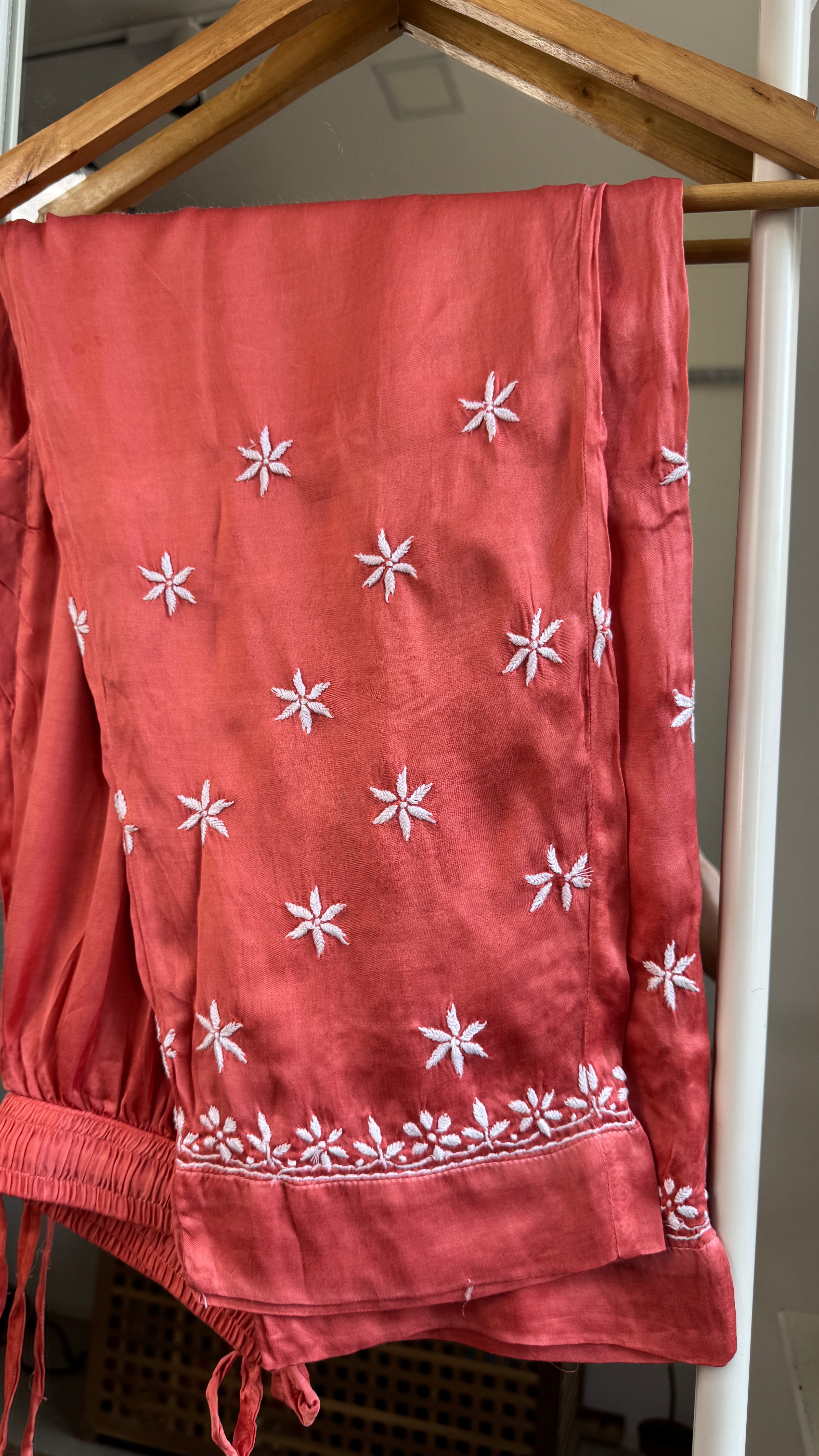 Modal Satin Silk Chikankari Pant Set - Peach