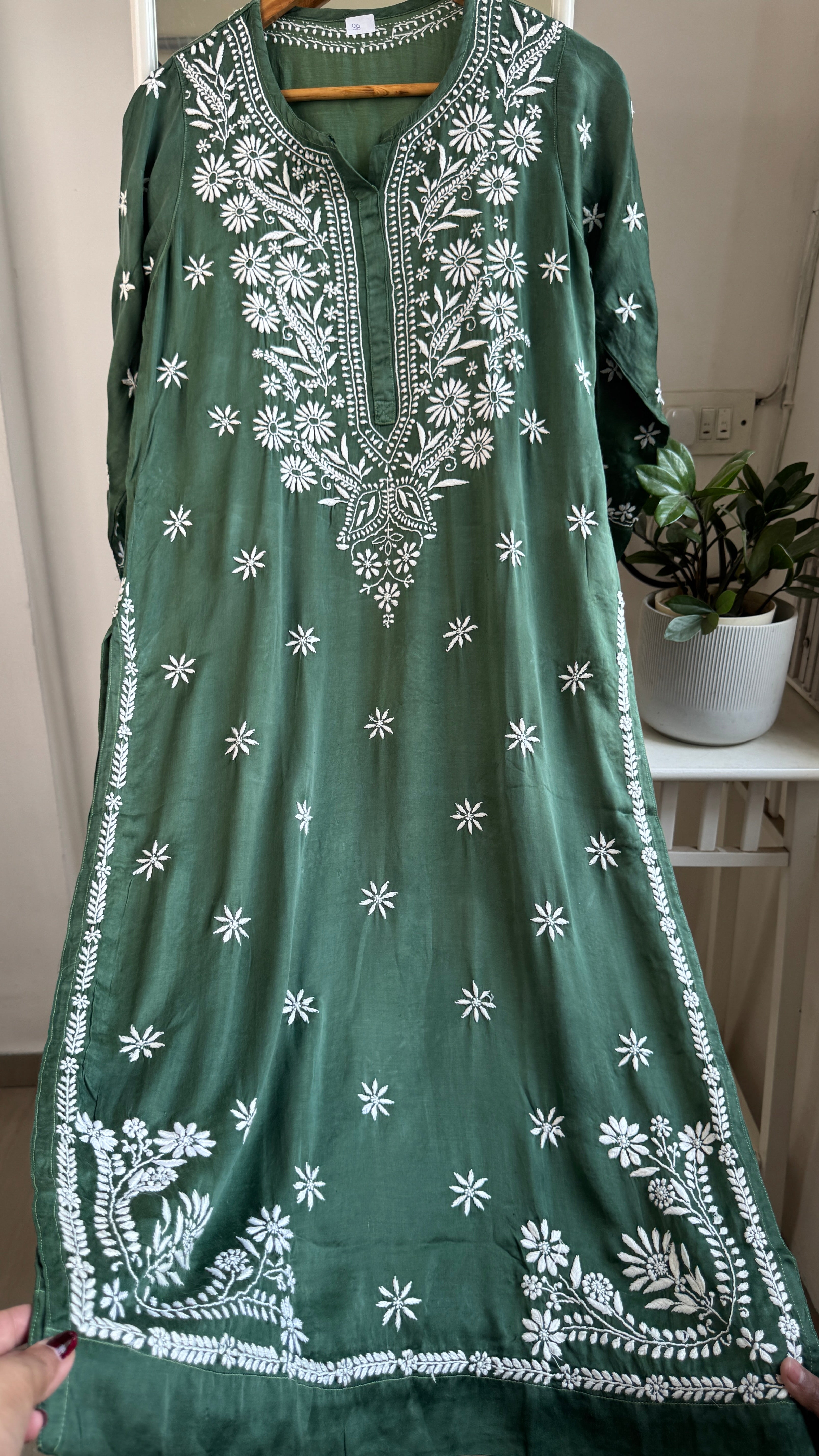 Modal Satin Silk Chikankari Pant Set - Green