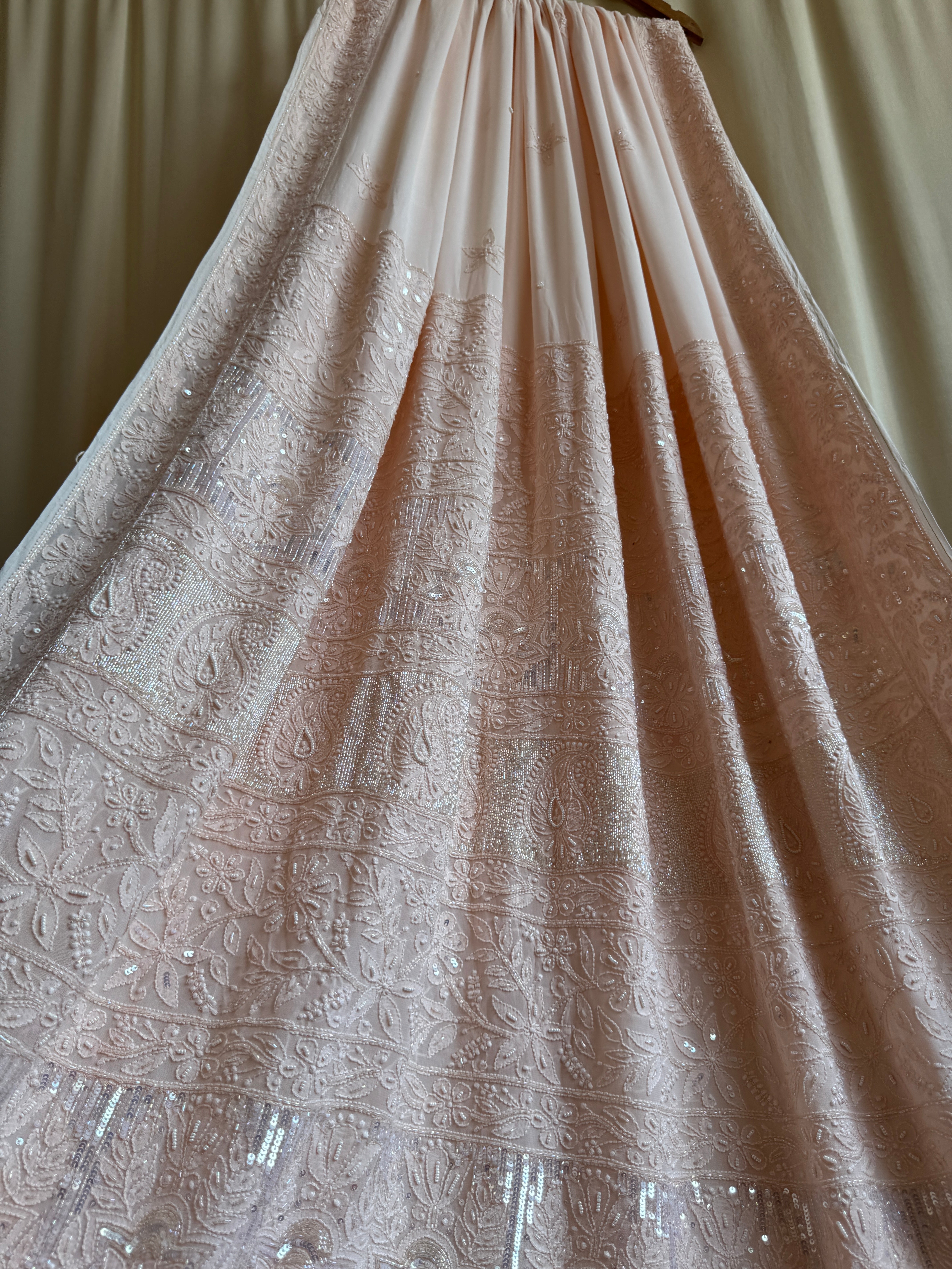 Viscose Peach Chikankari saree with Pearl embellishments