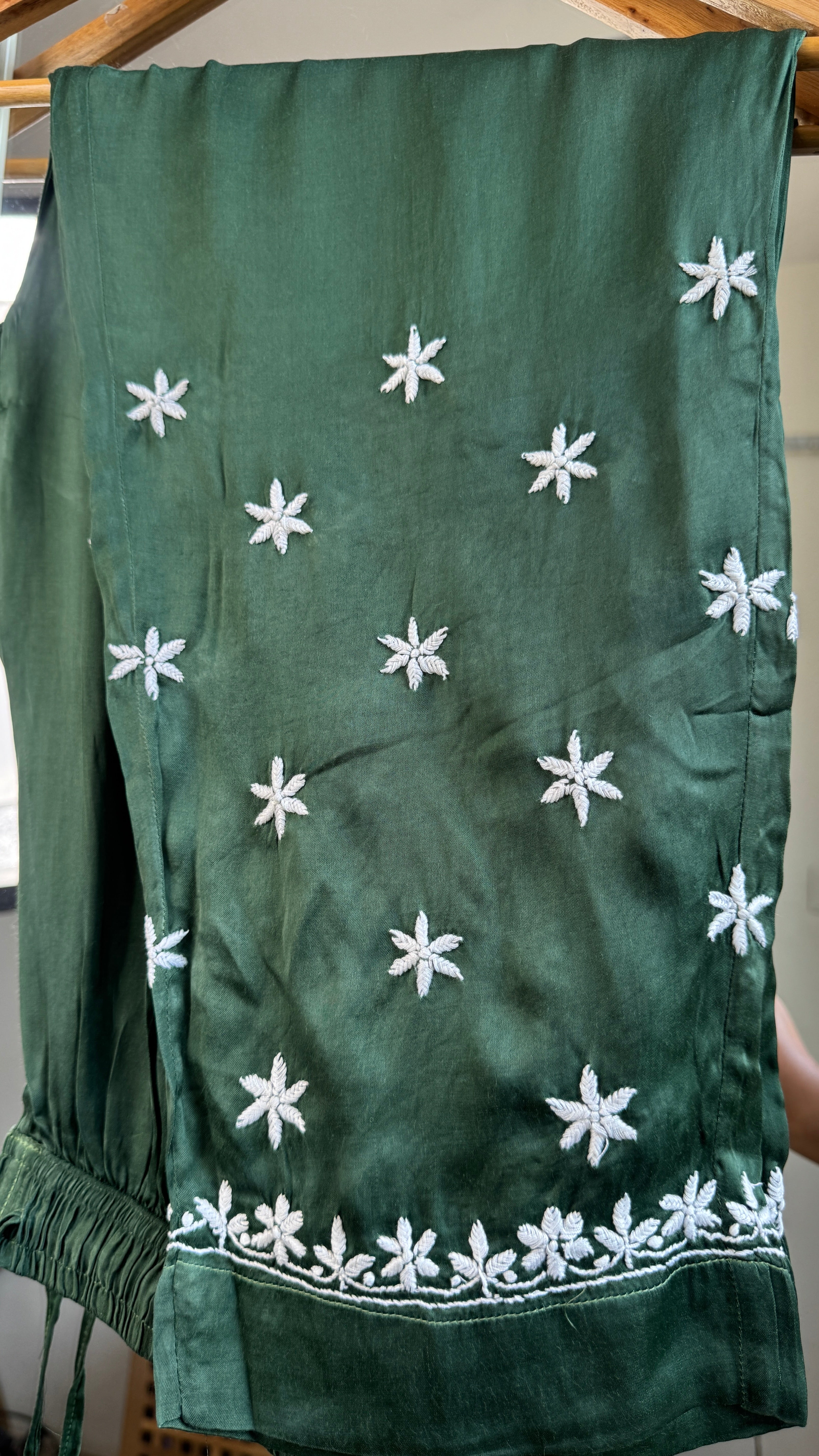 Modal Satin Silk Chikankari Pant Set - Green