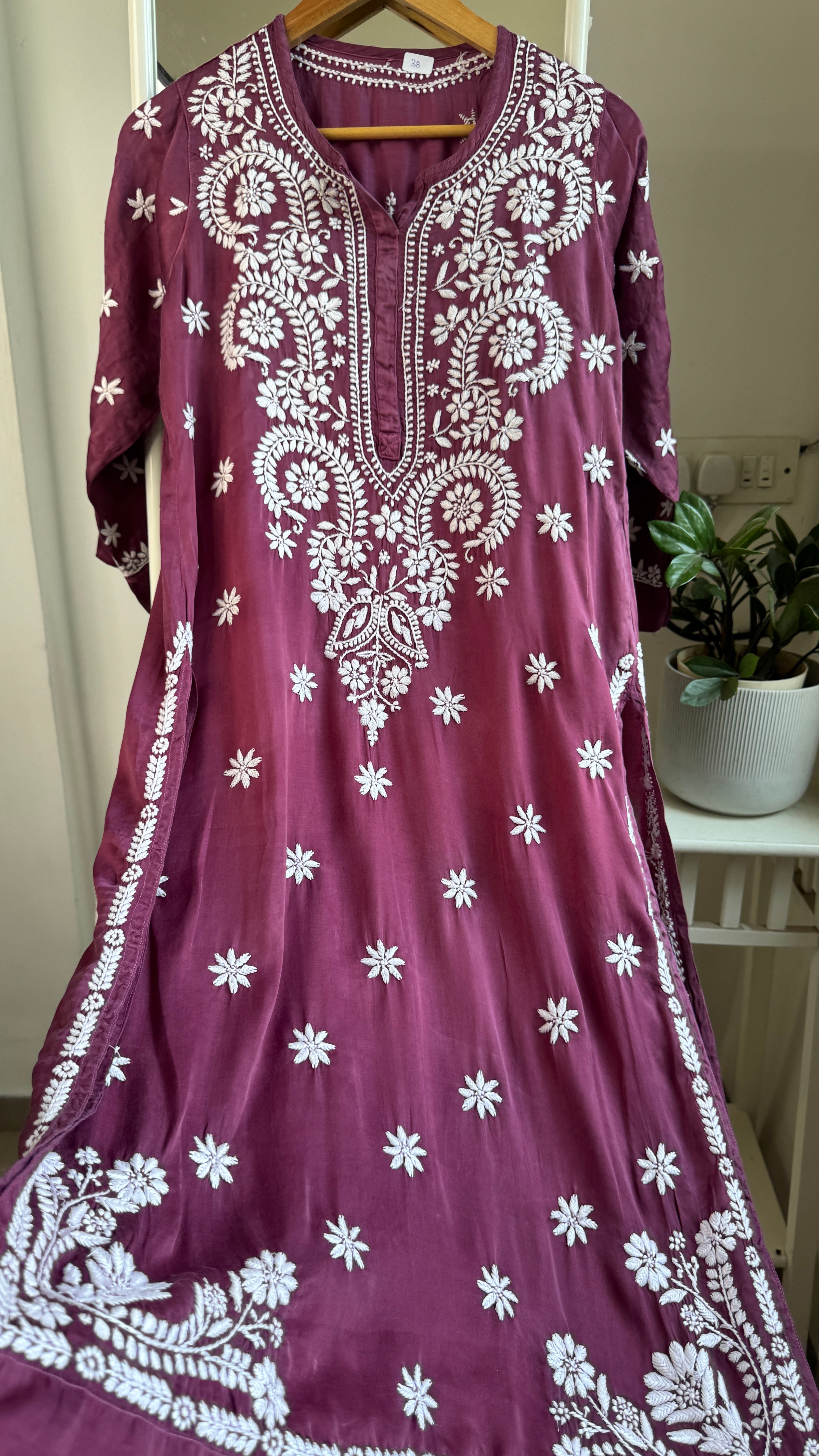 Modal Satin Silk Chikankari Pant Set - Plum