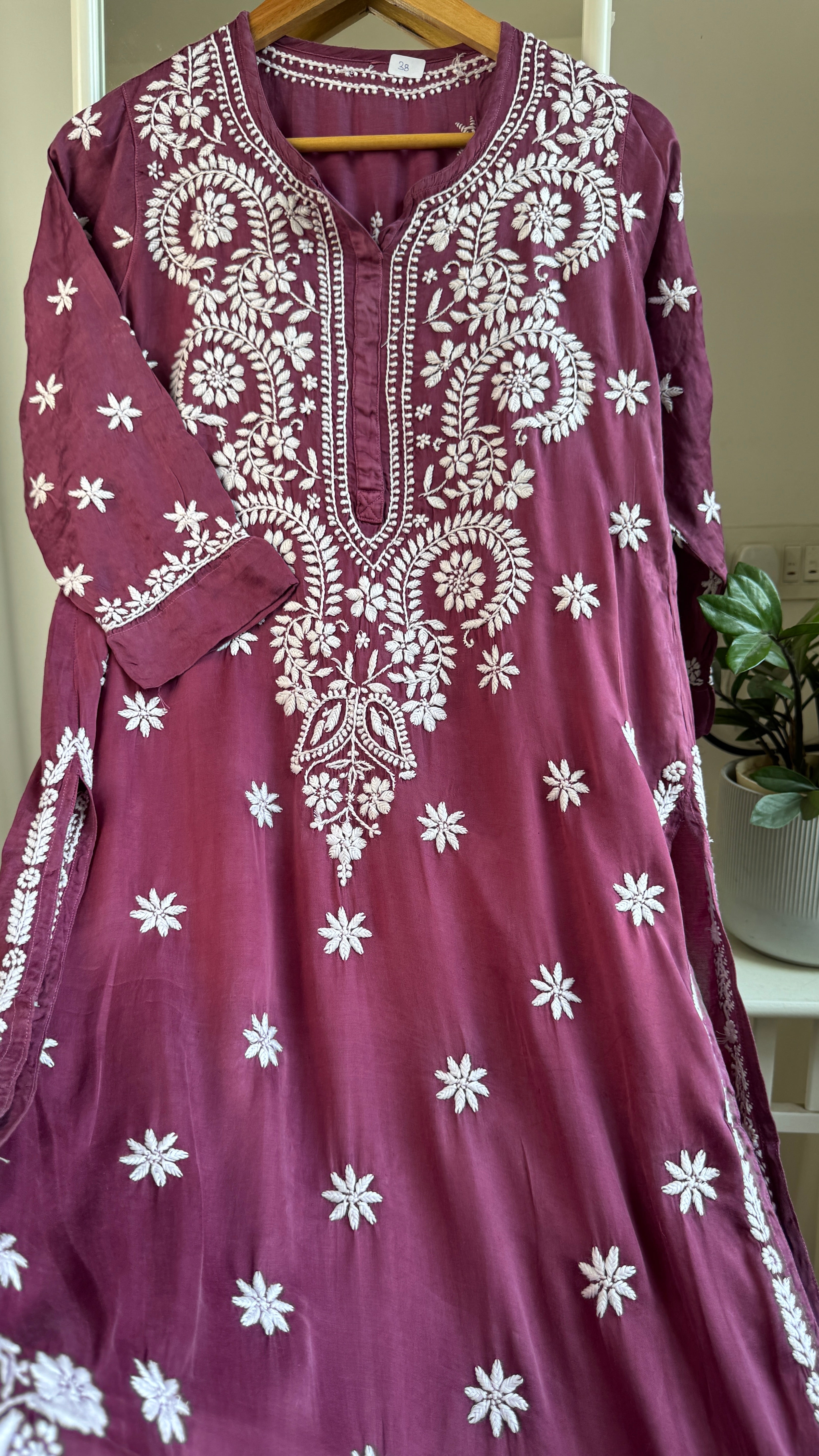 Modal Satin Silk Chikankari Pant Set - Plum