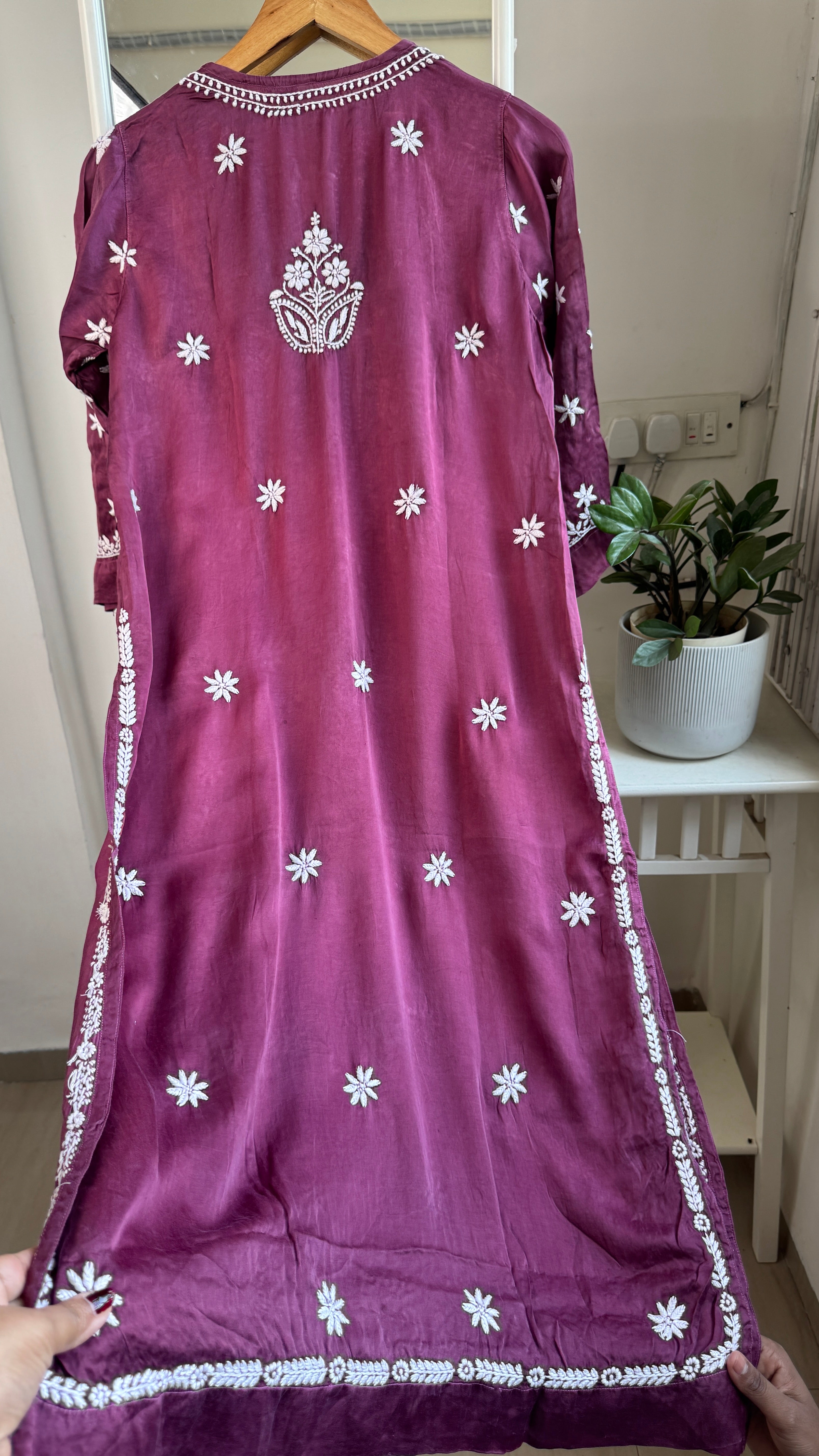Modal Satin Silk Chikankari Pant Set - Plum