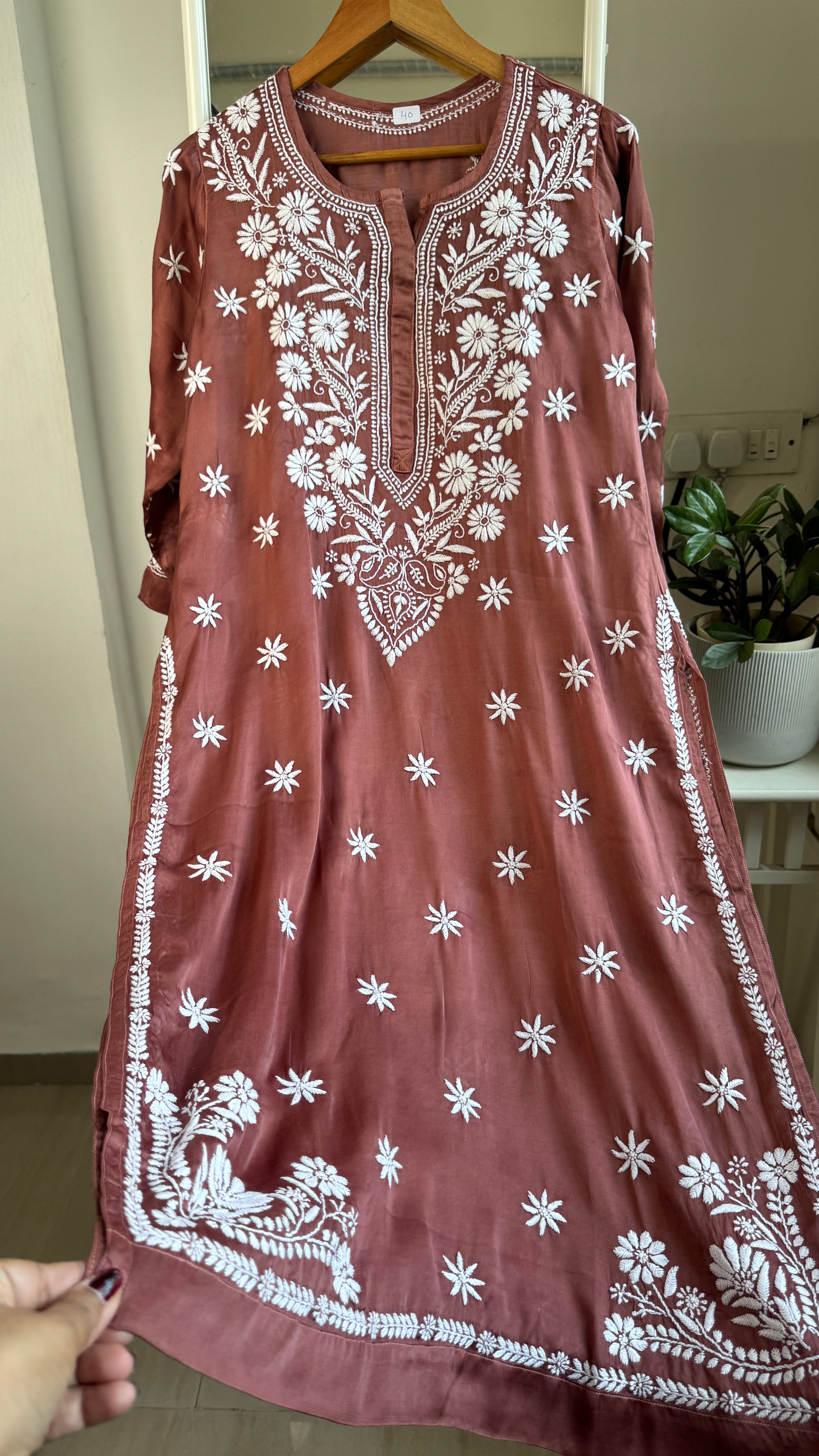 Modal Satin Silk Chikankari Pant Set - Brown