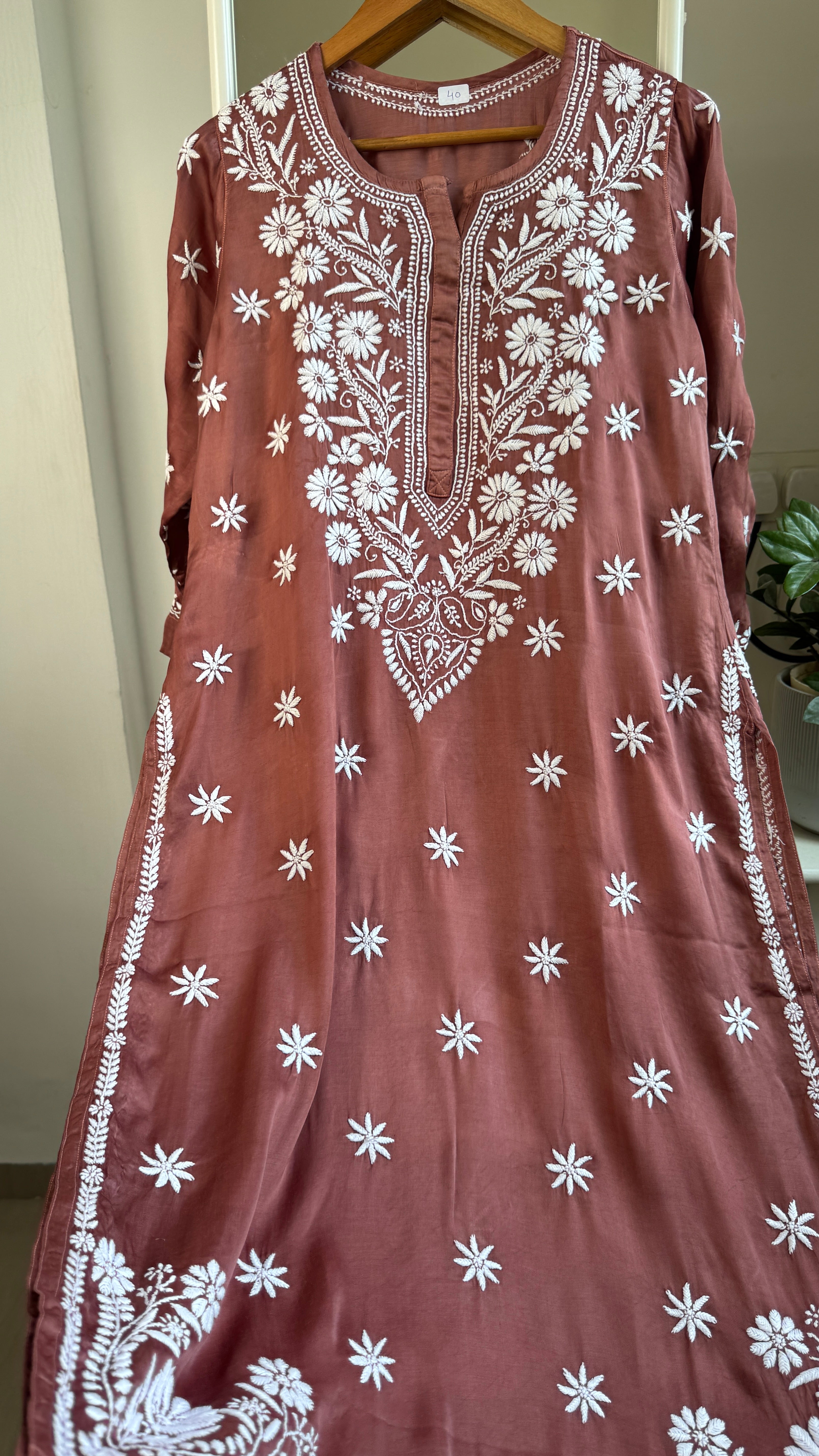 Modal Satin Silk Chikankari Pant Set - Brown