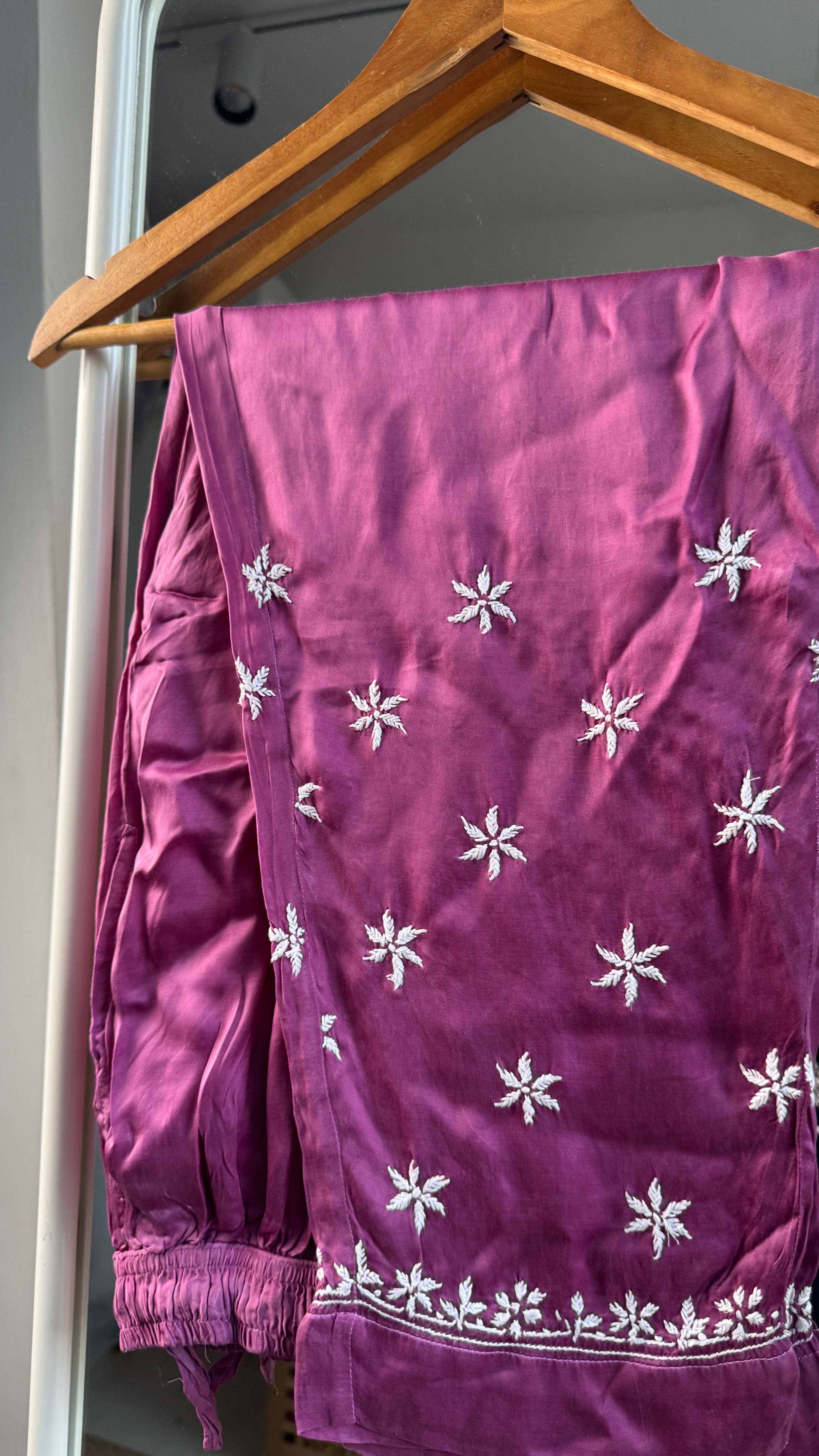 Modal Satin Silk Chikankari Pant Set - Mauve