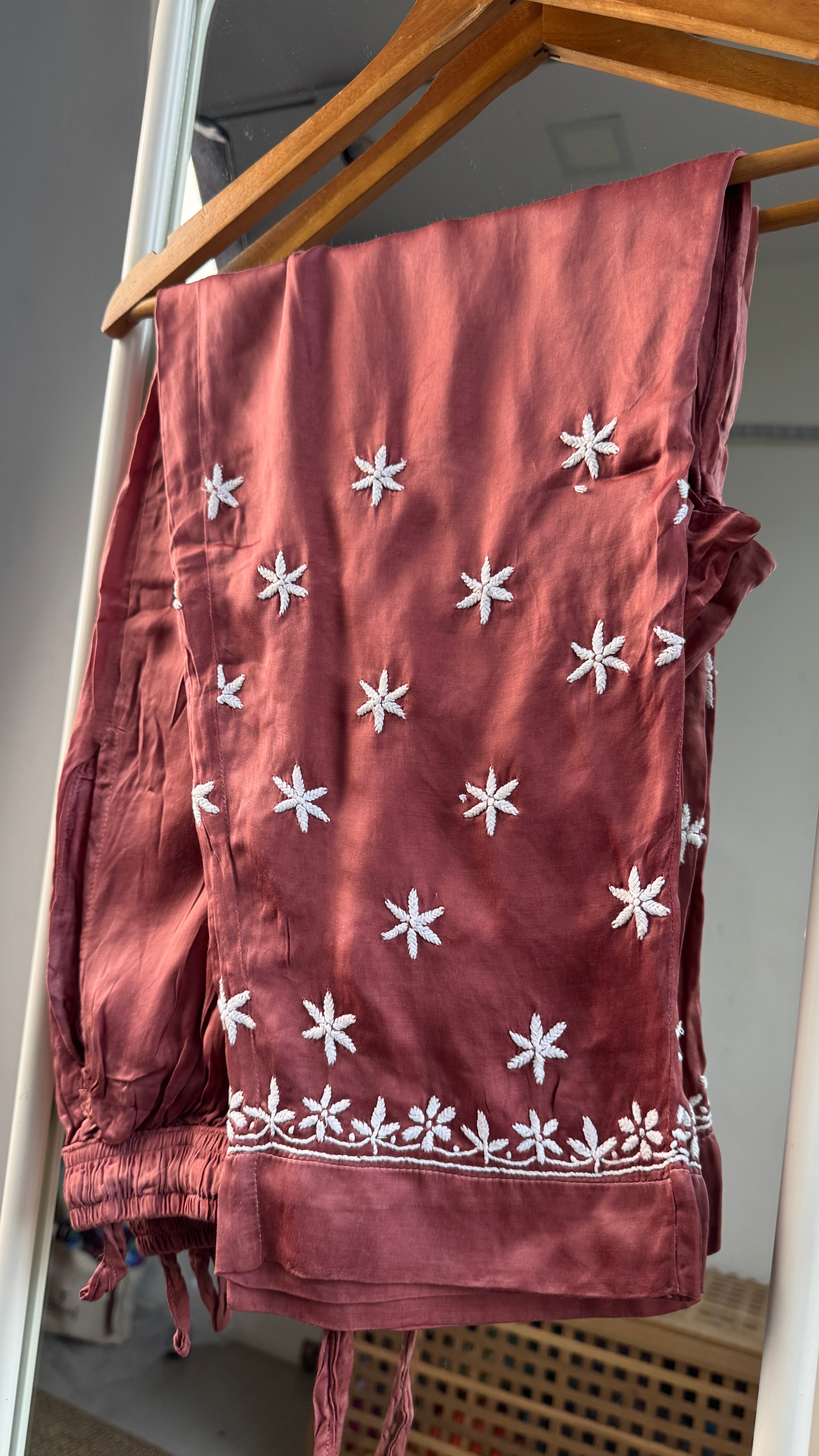 Modal Satin Silk Chikankari Pant Set - Brown
