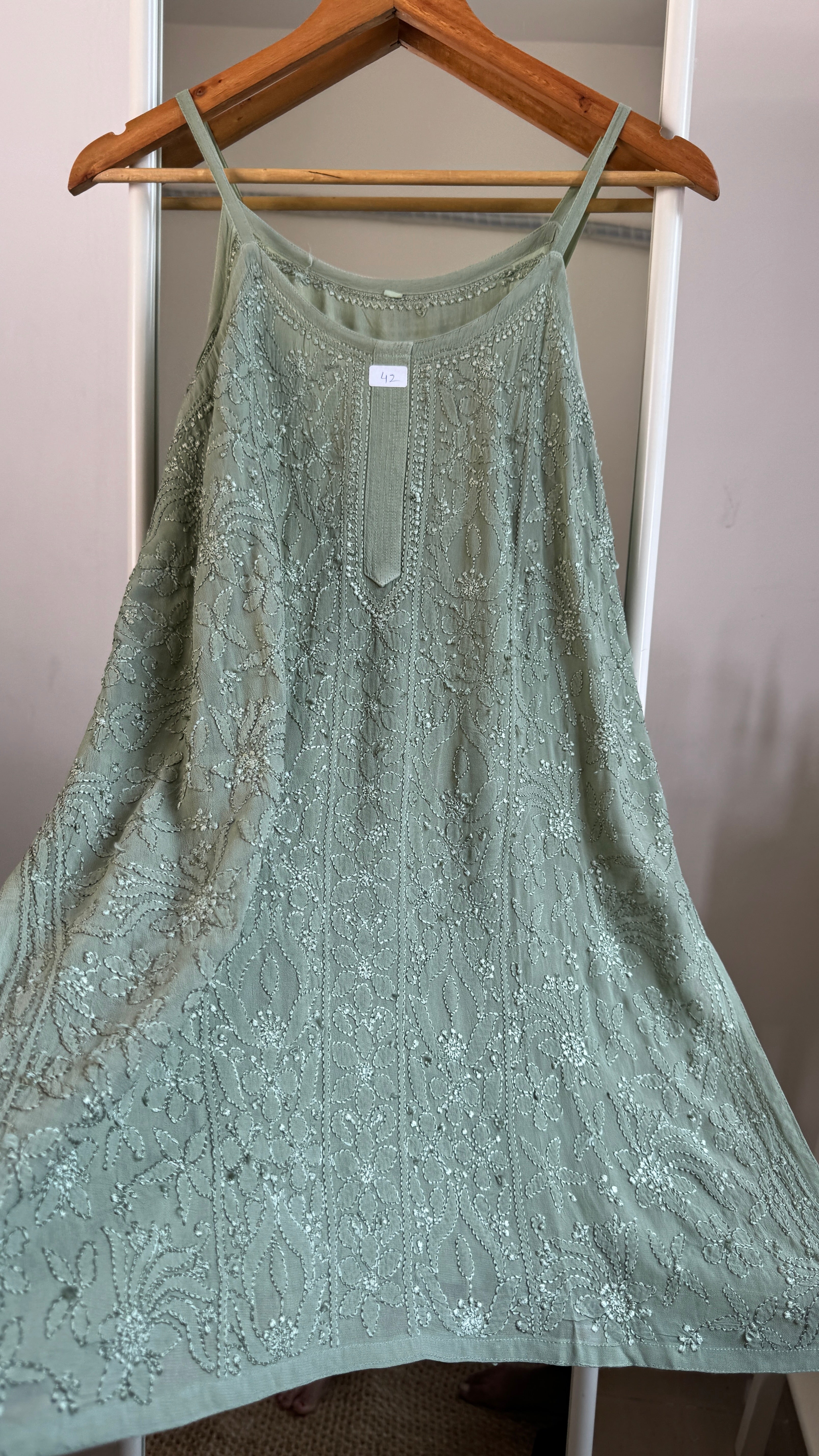 Chikankari Noodle Strap Top in Green