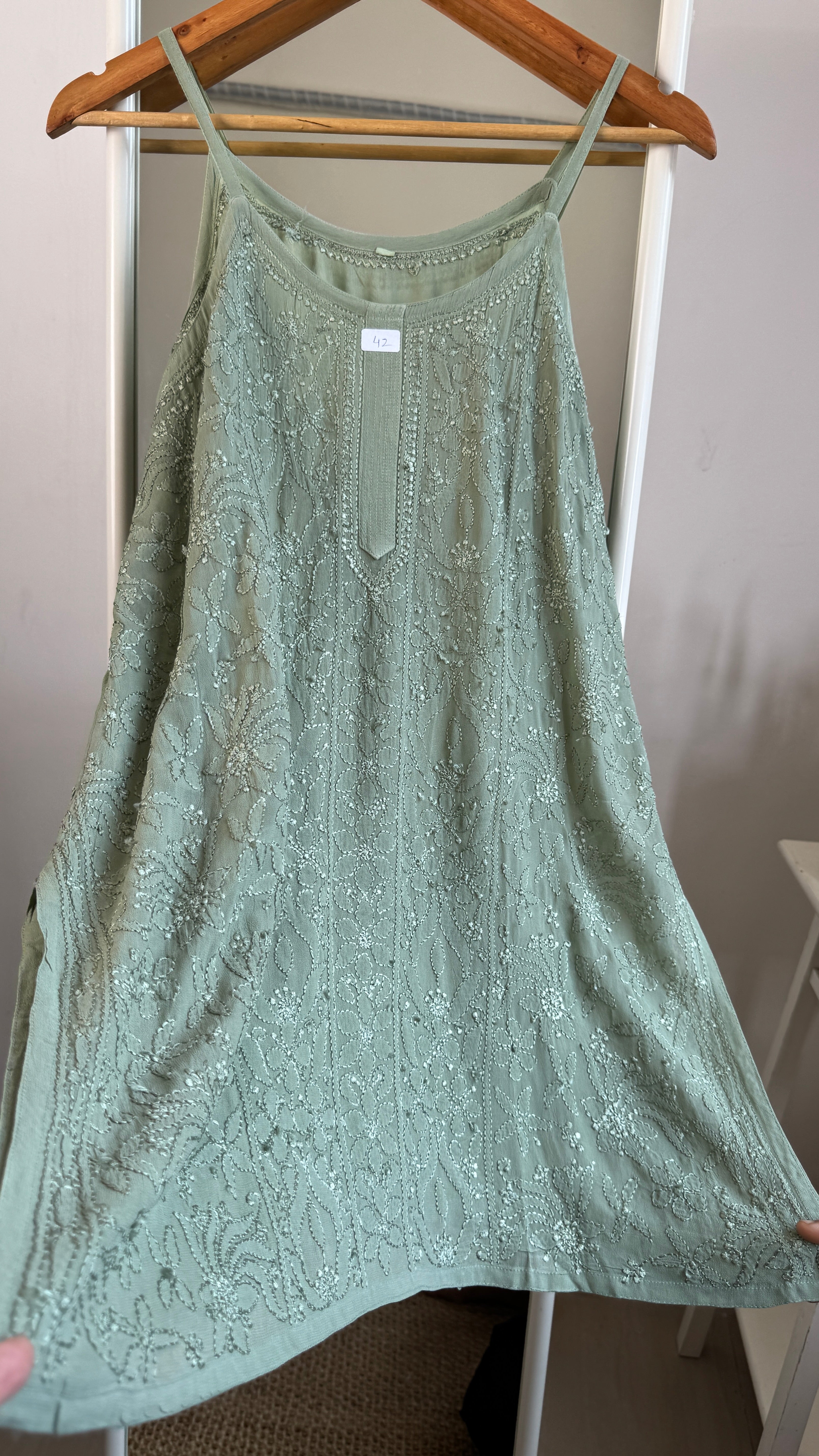 Chikankari Noodle Strap Top in Green