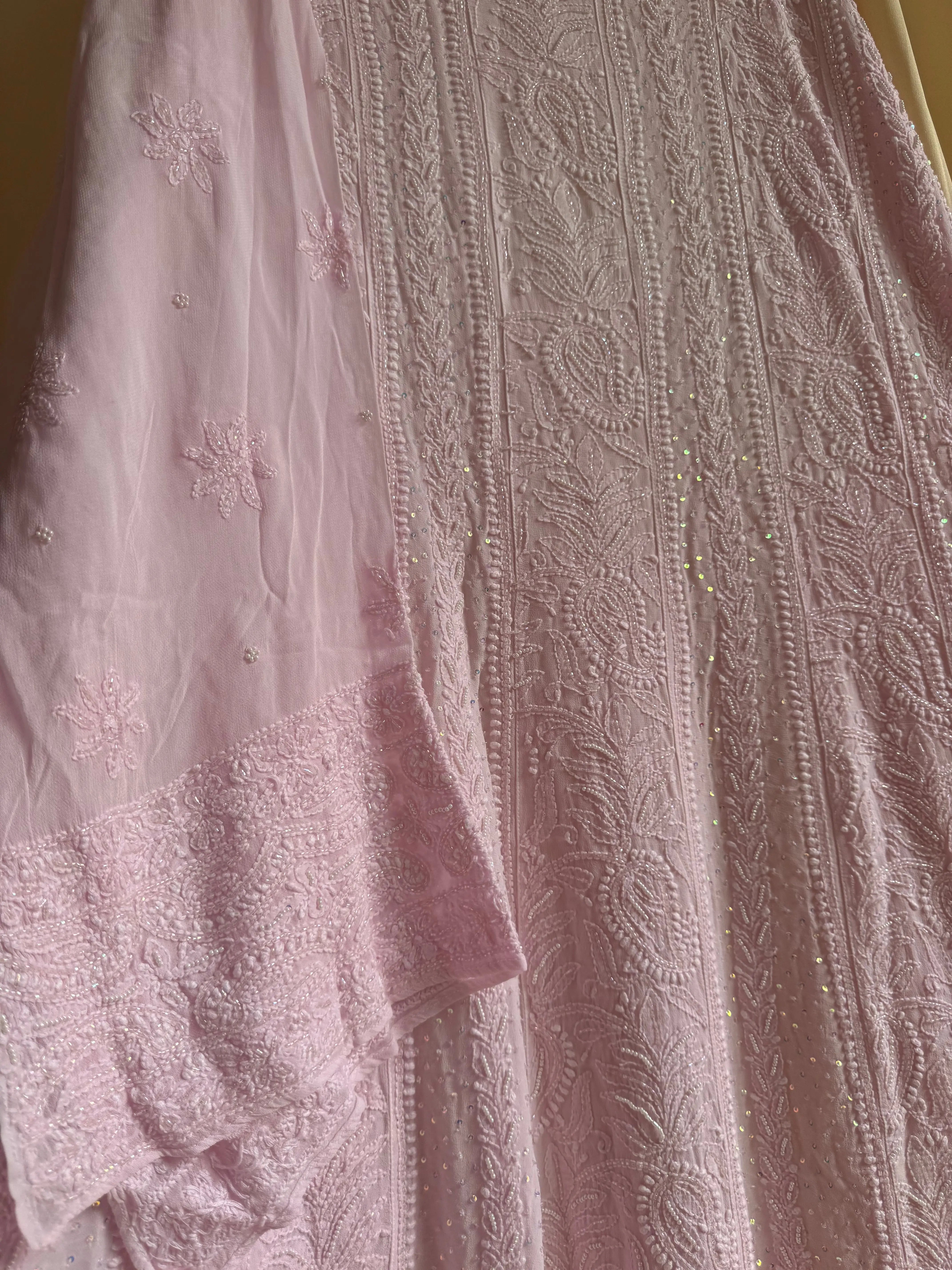 Viscose Anarkali - Semi Stitched - Pearl Work - Pink ARIAA CHIKANKARI