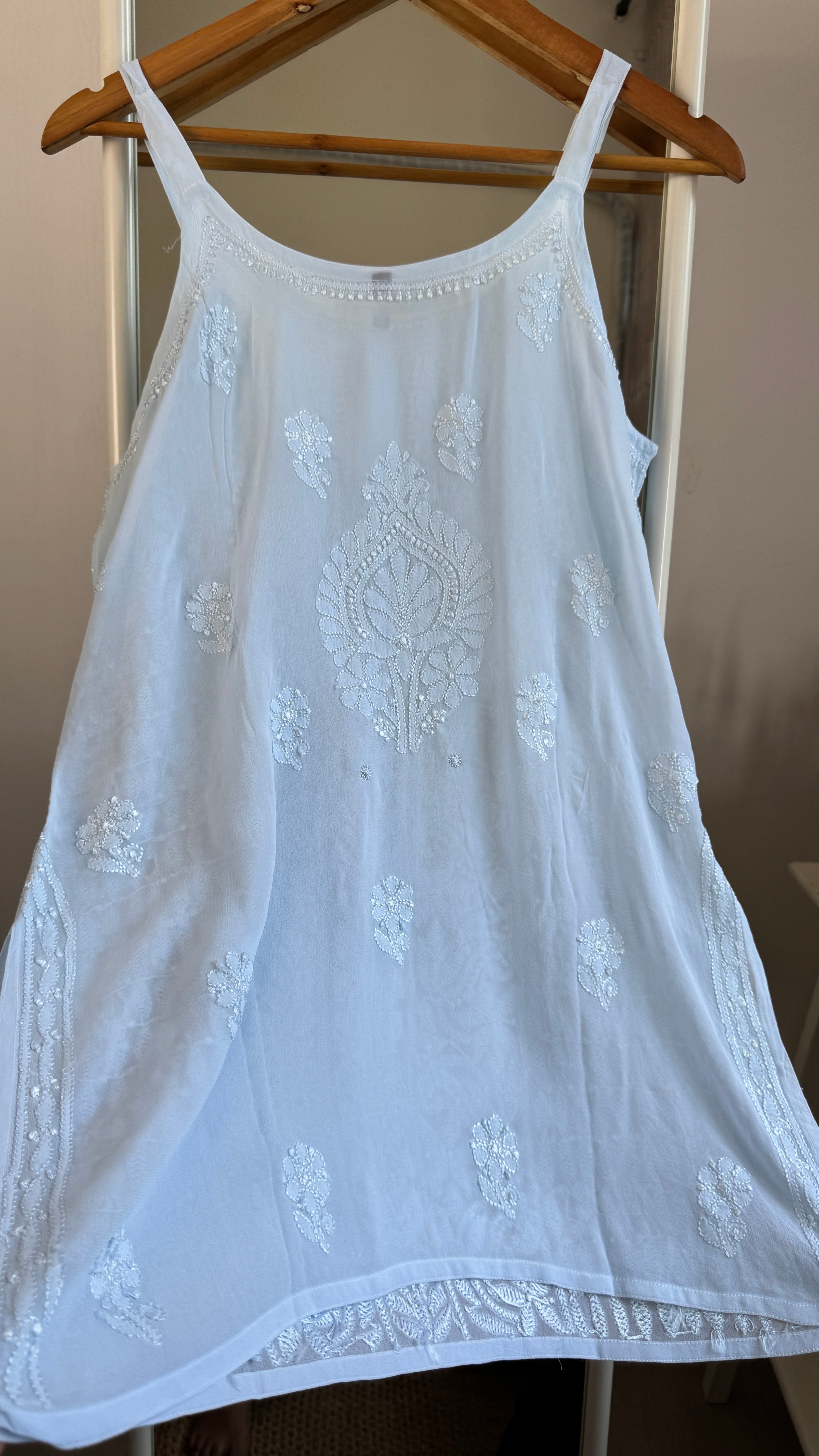 Chikankari Noodle Strap Top in Blue