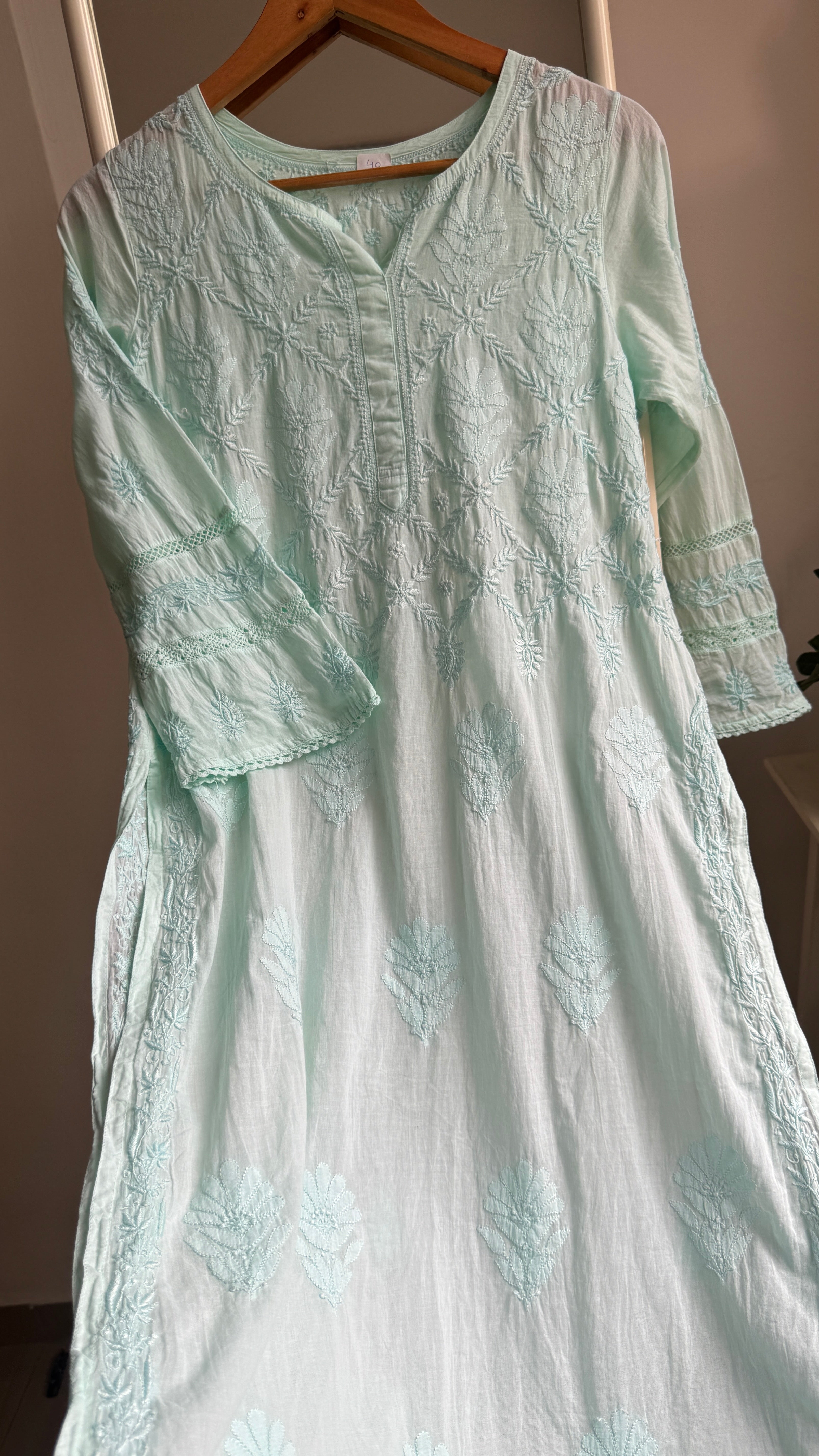 Mul Cotton Cyan Green Chikankari Kurti - Bela Collection