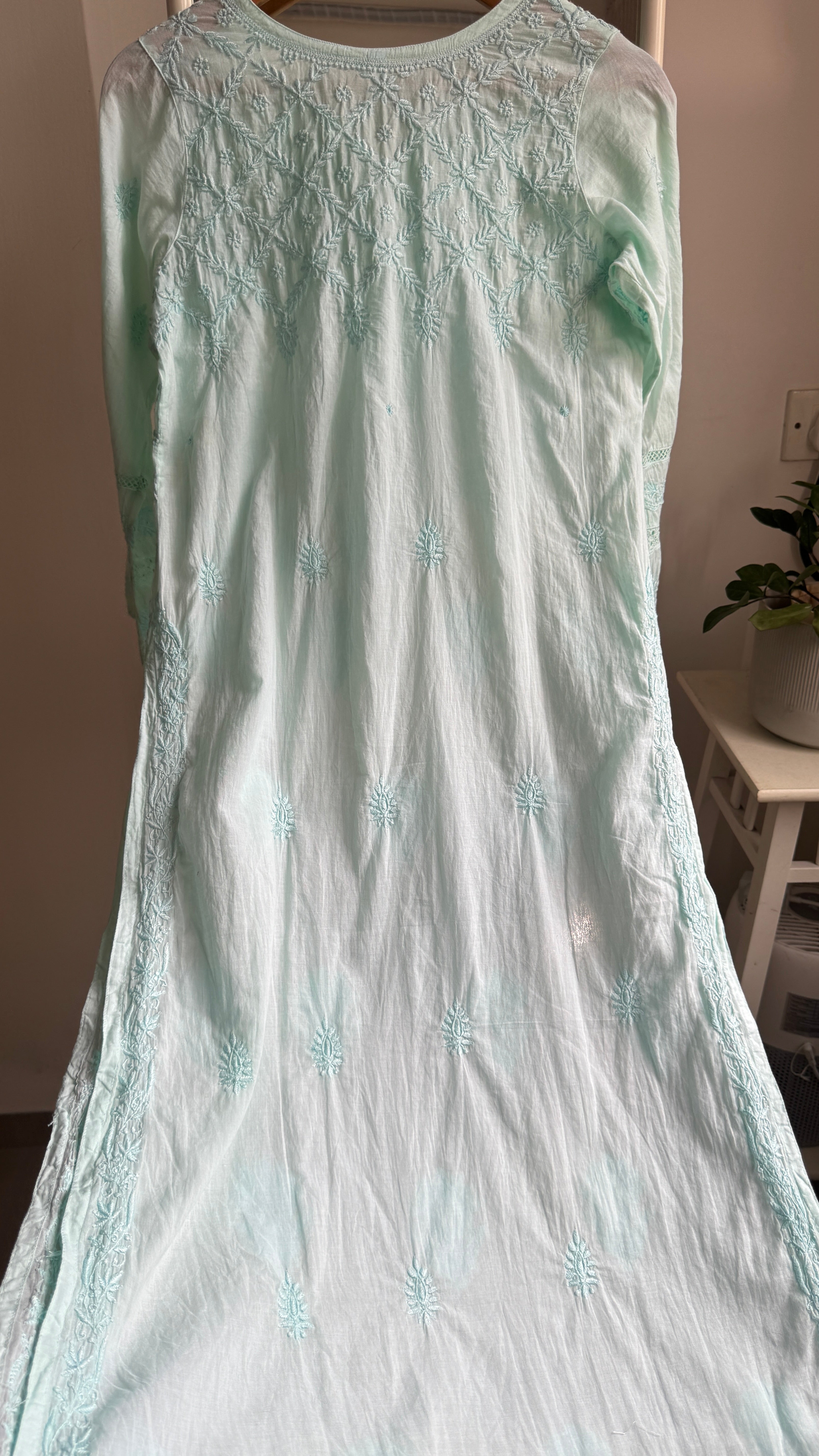 Mul Cotton Cyan Green Chikankari Kurti - Bela Collection