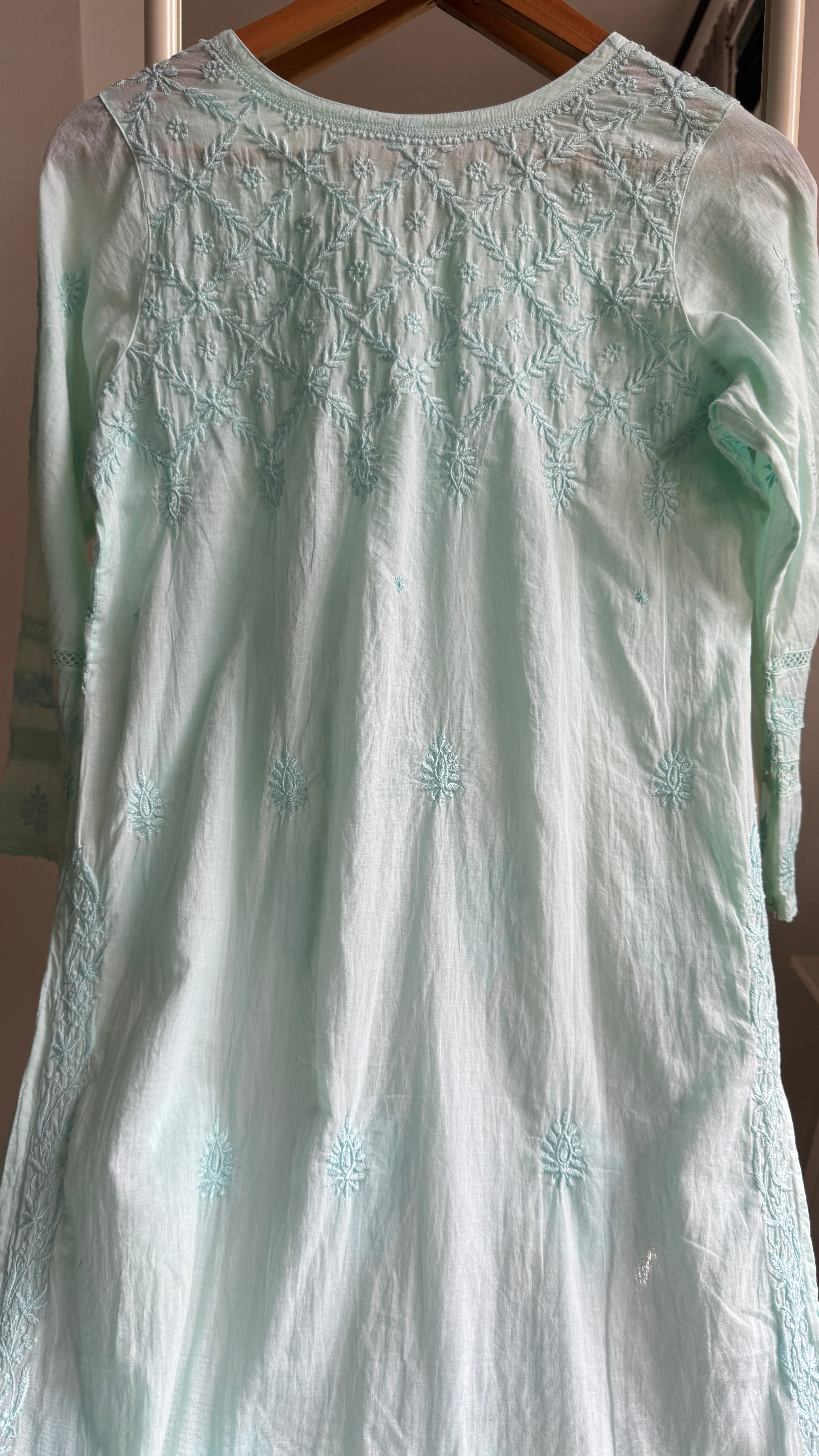 Mul Cotton Cyan Green Chikankari Kurti - Bela Collection