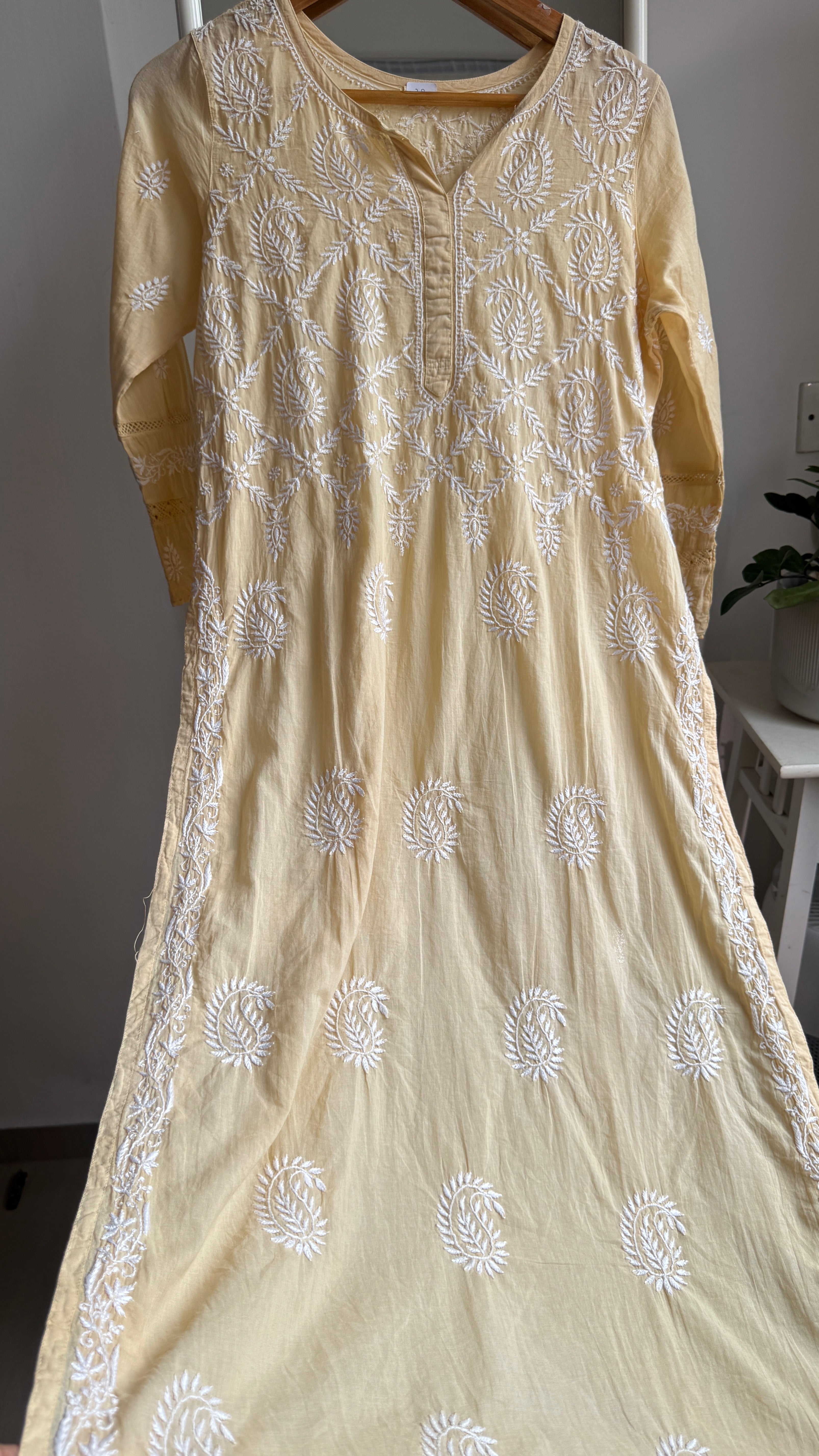 Mul Cotton Butter Yellow Chikankari Kurti - Bela Collection