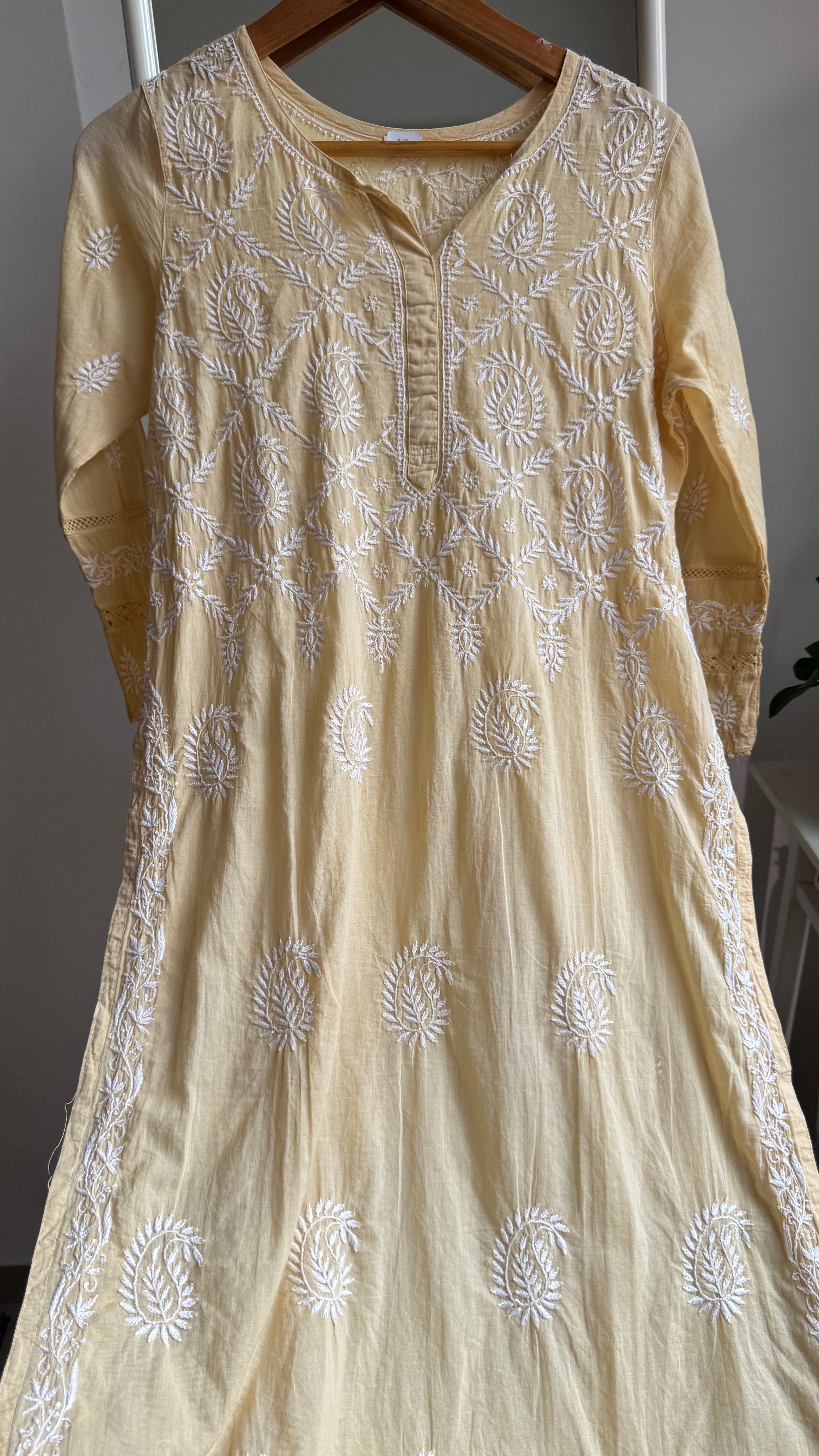 Mul Cotton Butter Yellow Chikankari Kurti - Bela Collection