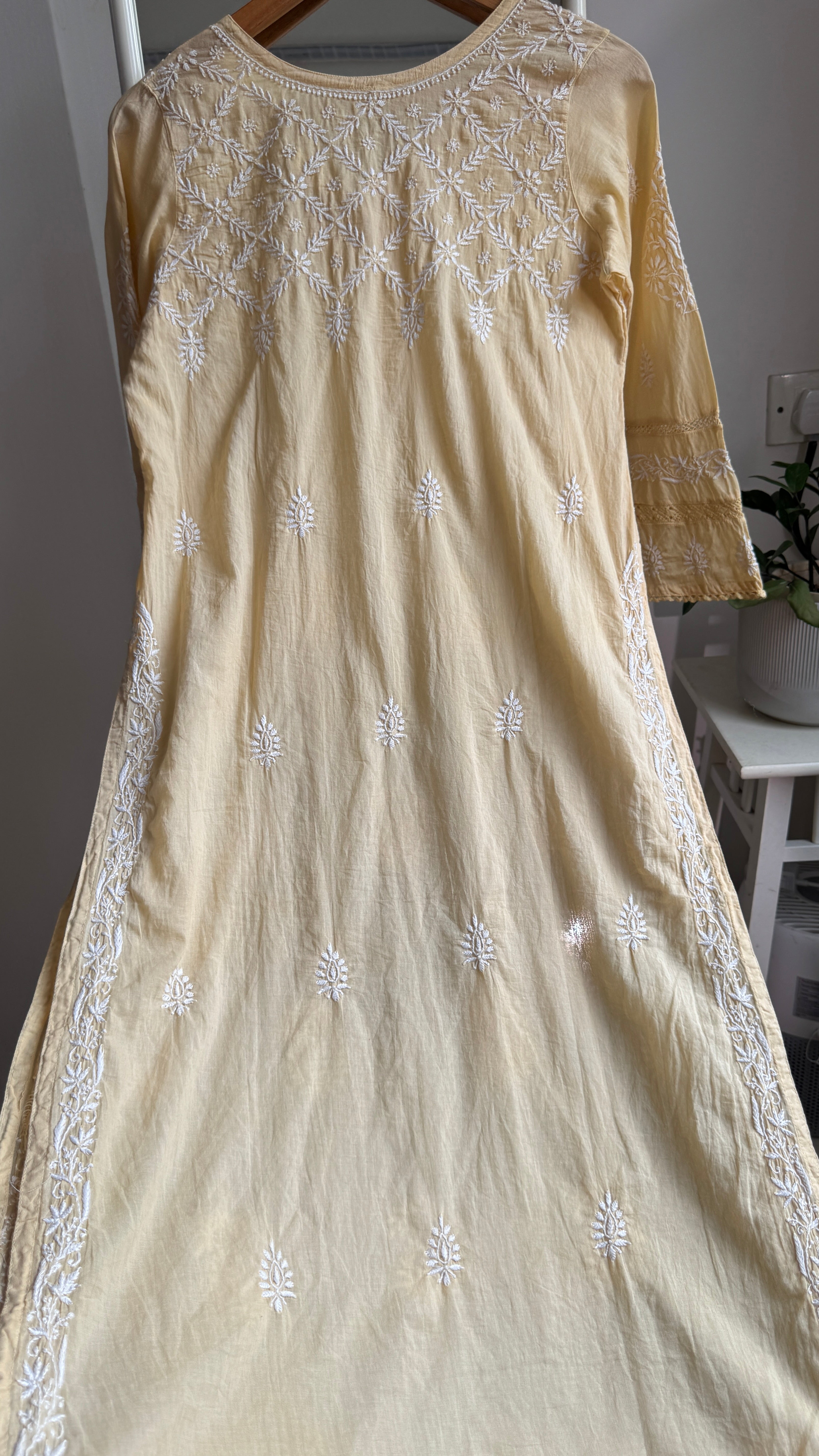 Mul Cotton Butter Yellow Chikankari Kurti - Bela Collection