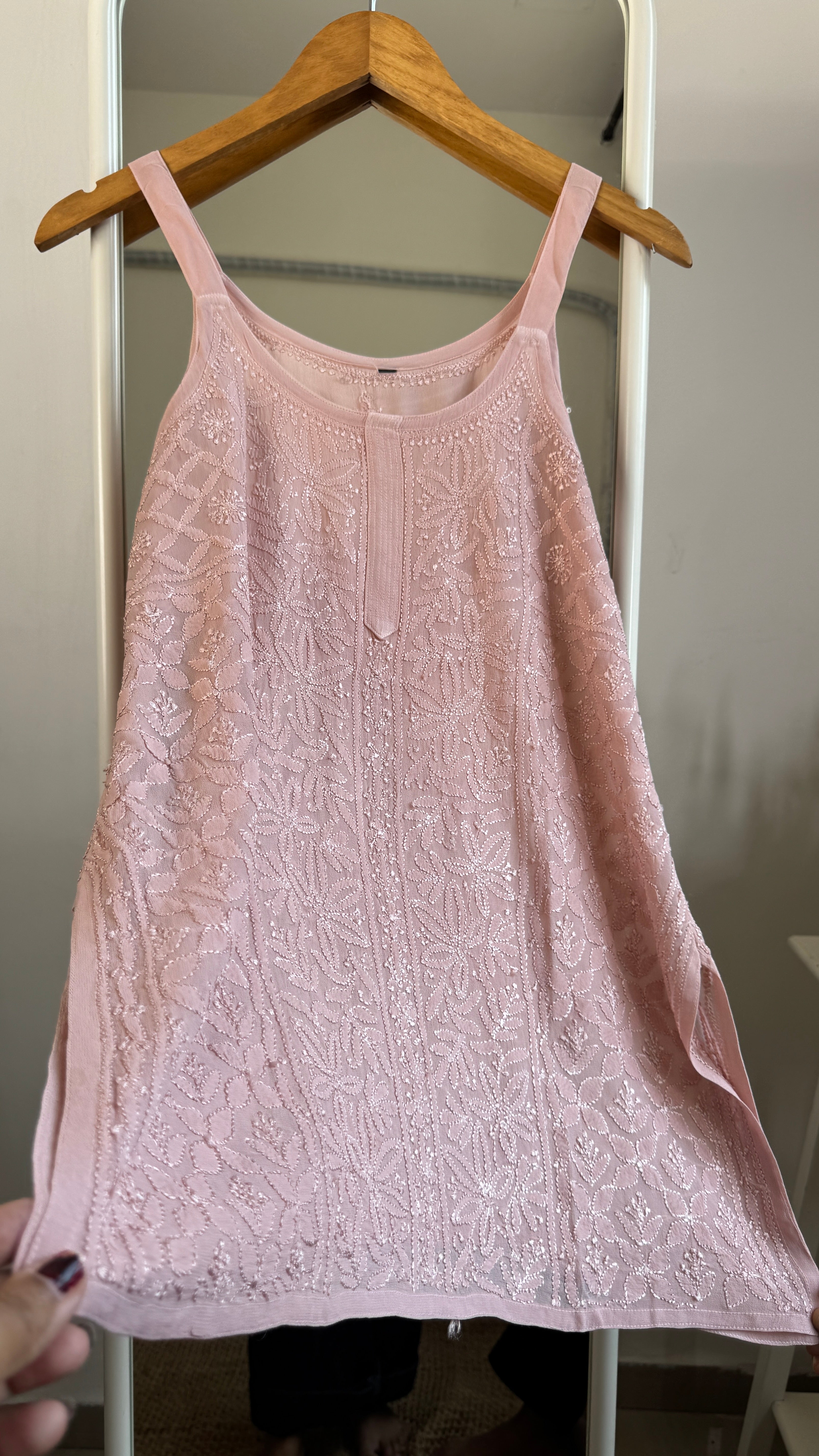 Chikankari Noodle Strap Top in Nude Pink