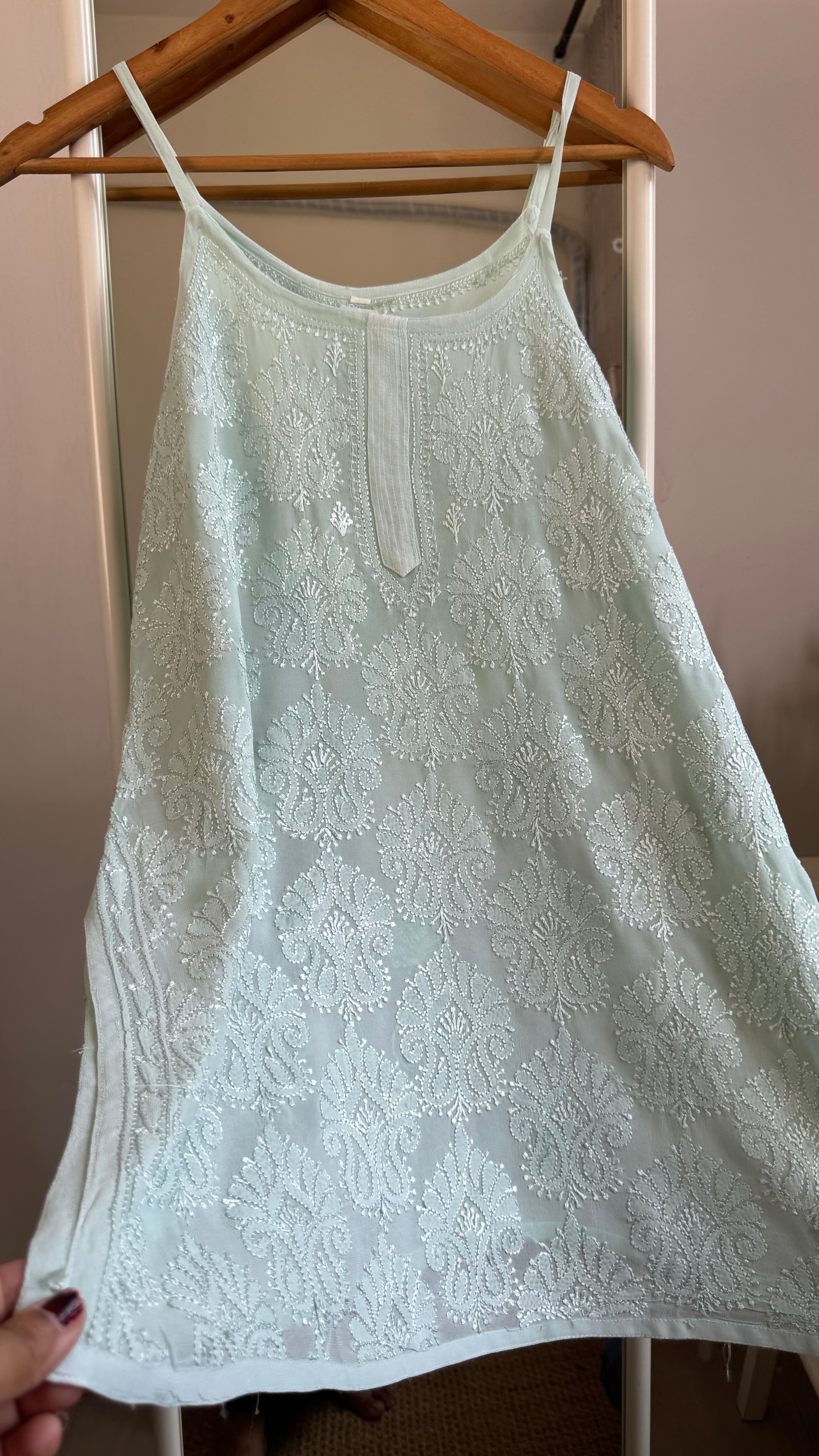 Chikankari Noodle Strap Top in Green