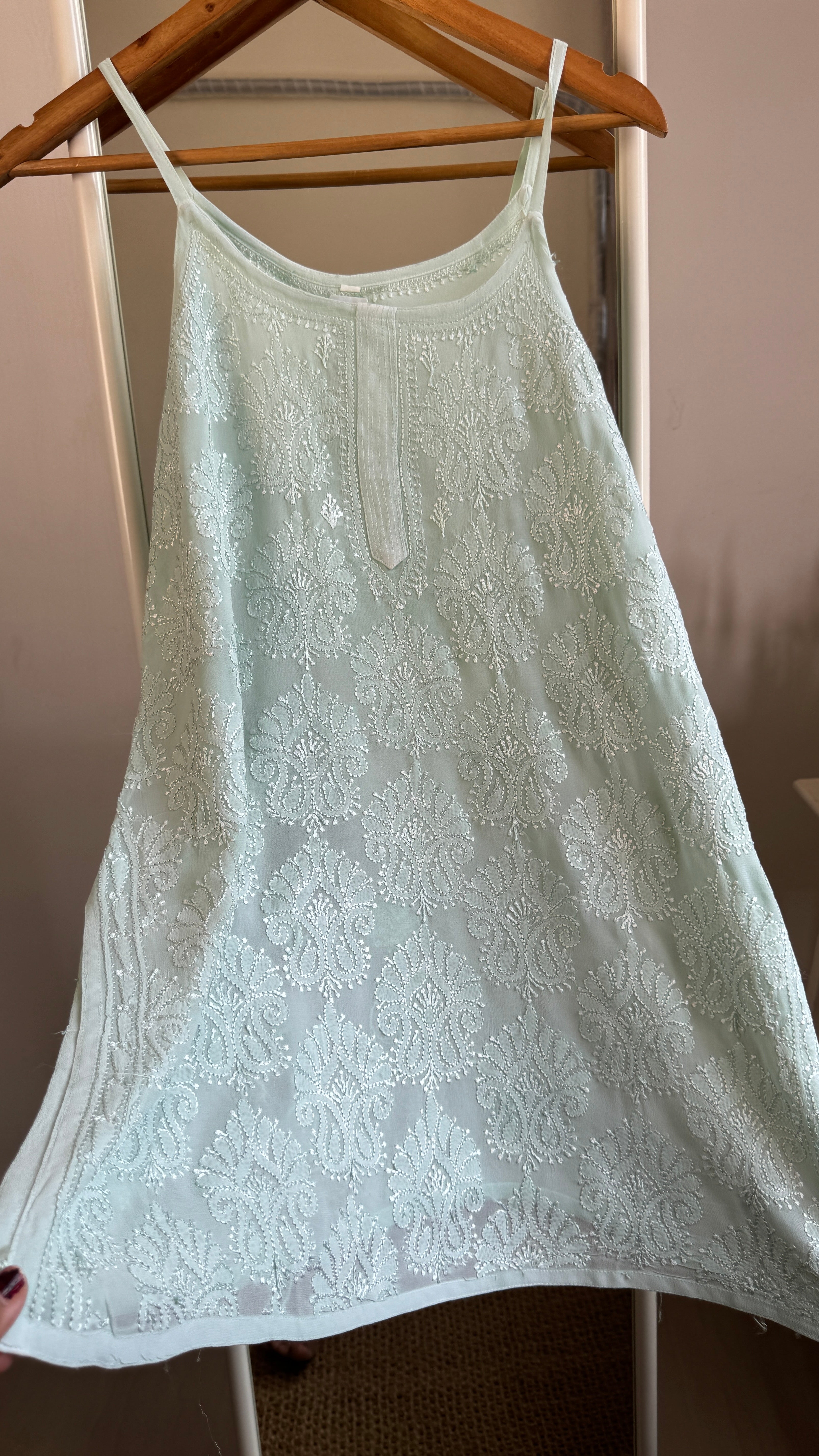 Chikankari Noodle Strap Top in Green