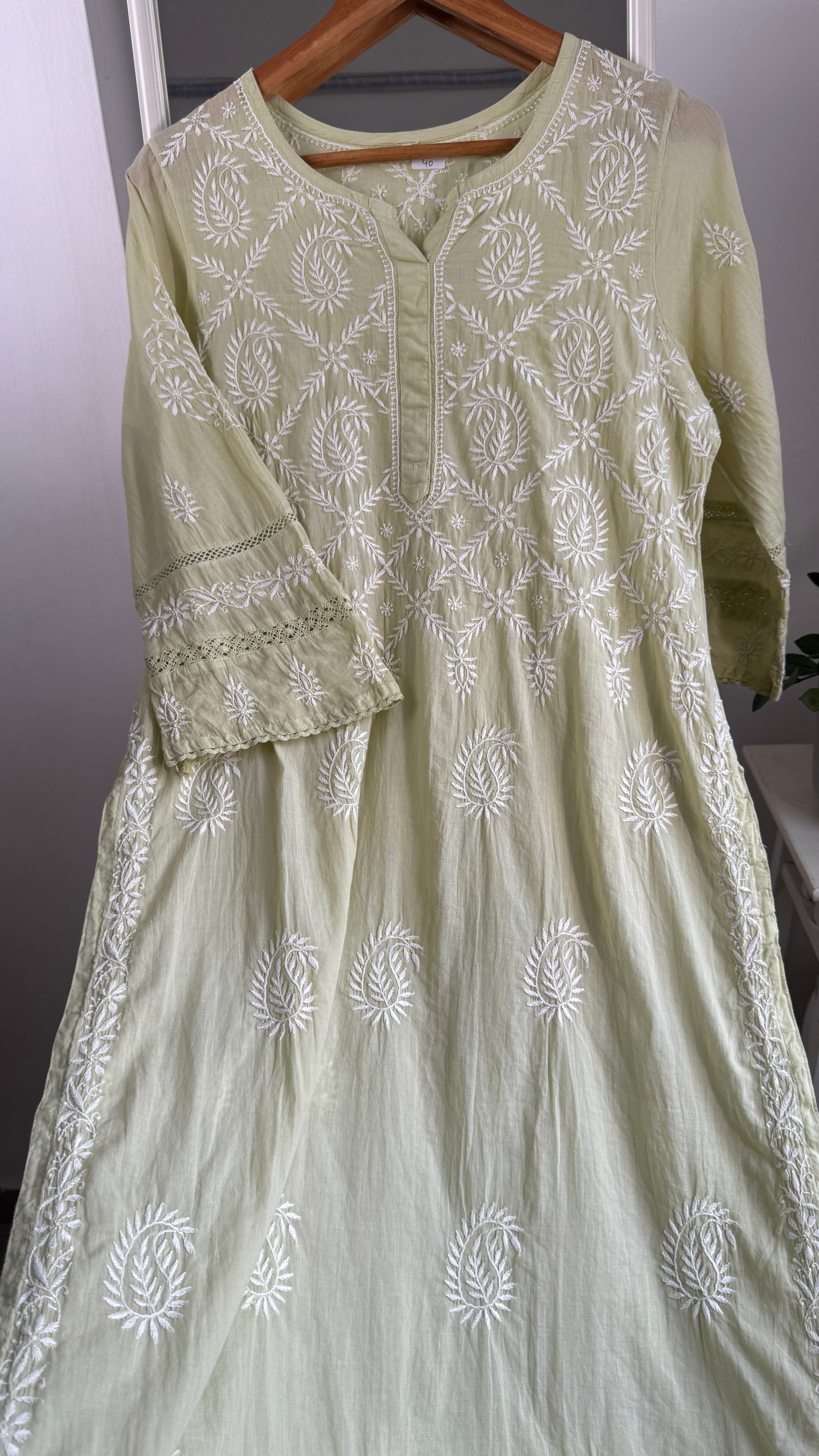 Mul Cotton Sheen Green Chikankari Kurti - Bela Collection