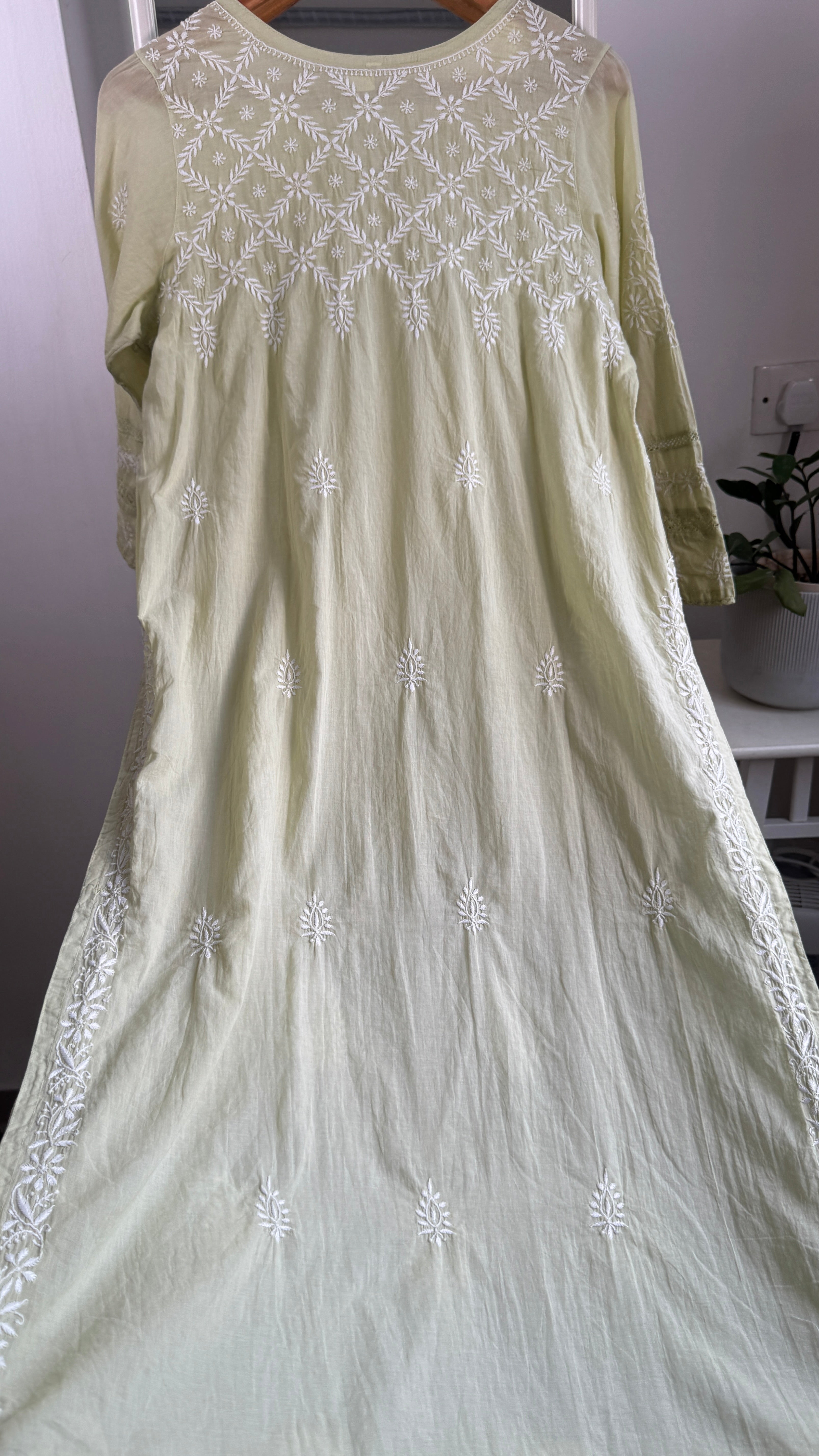 Mul Cotton Sheen Green Chikankari Kurti - Bela Collection