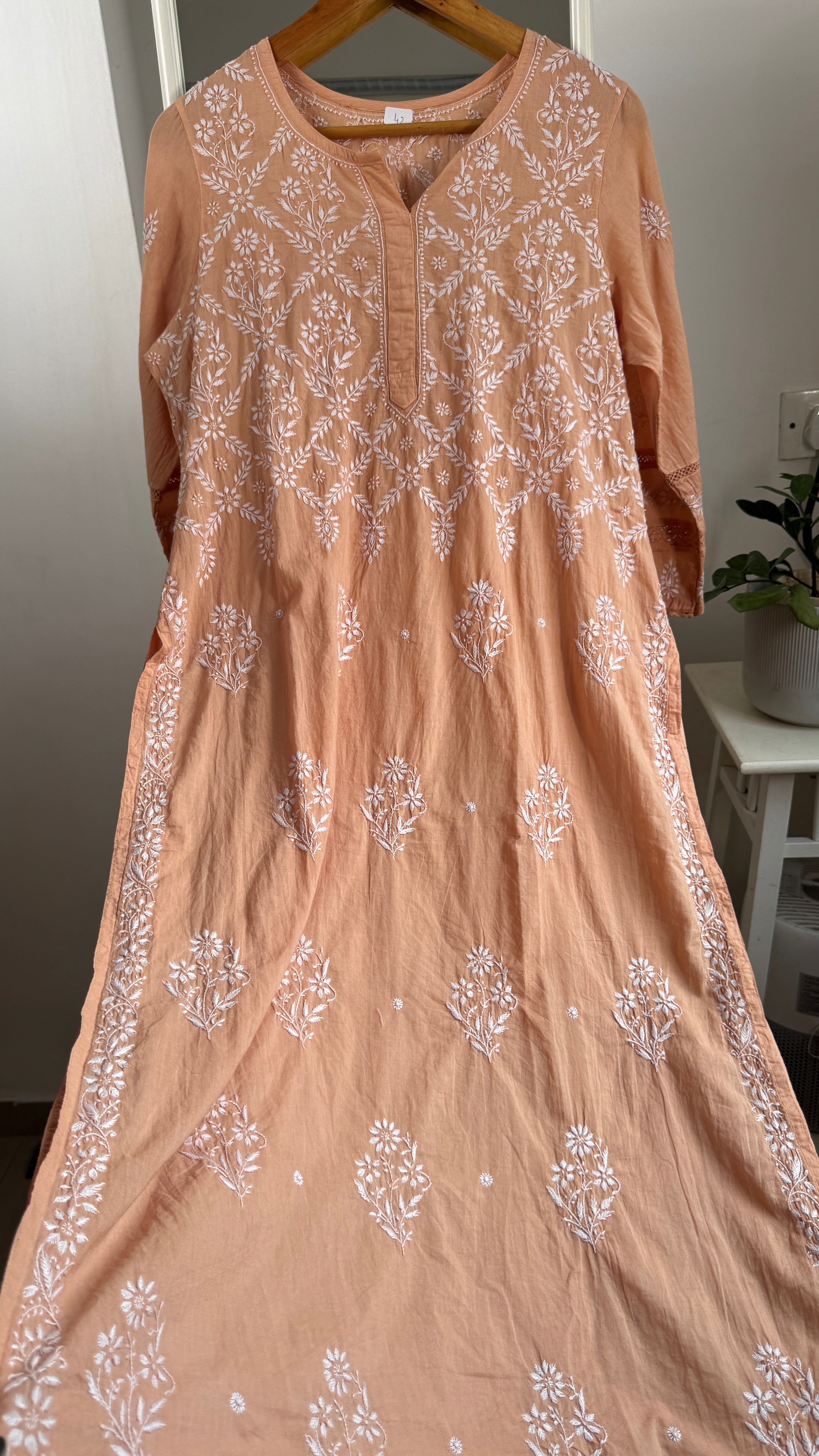 Mul Cotton Blush Orange Chikankari Kurti - Bela Collection