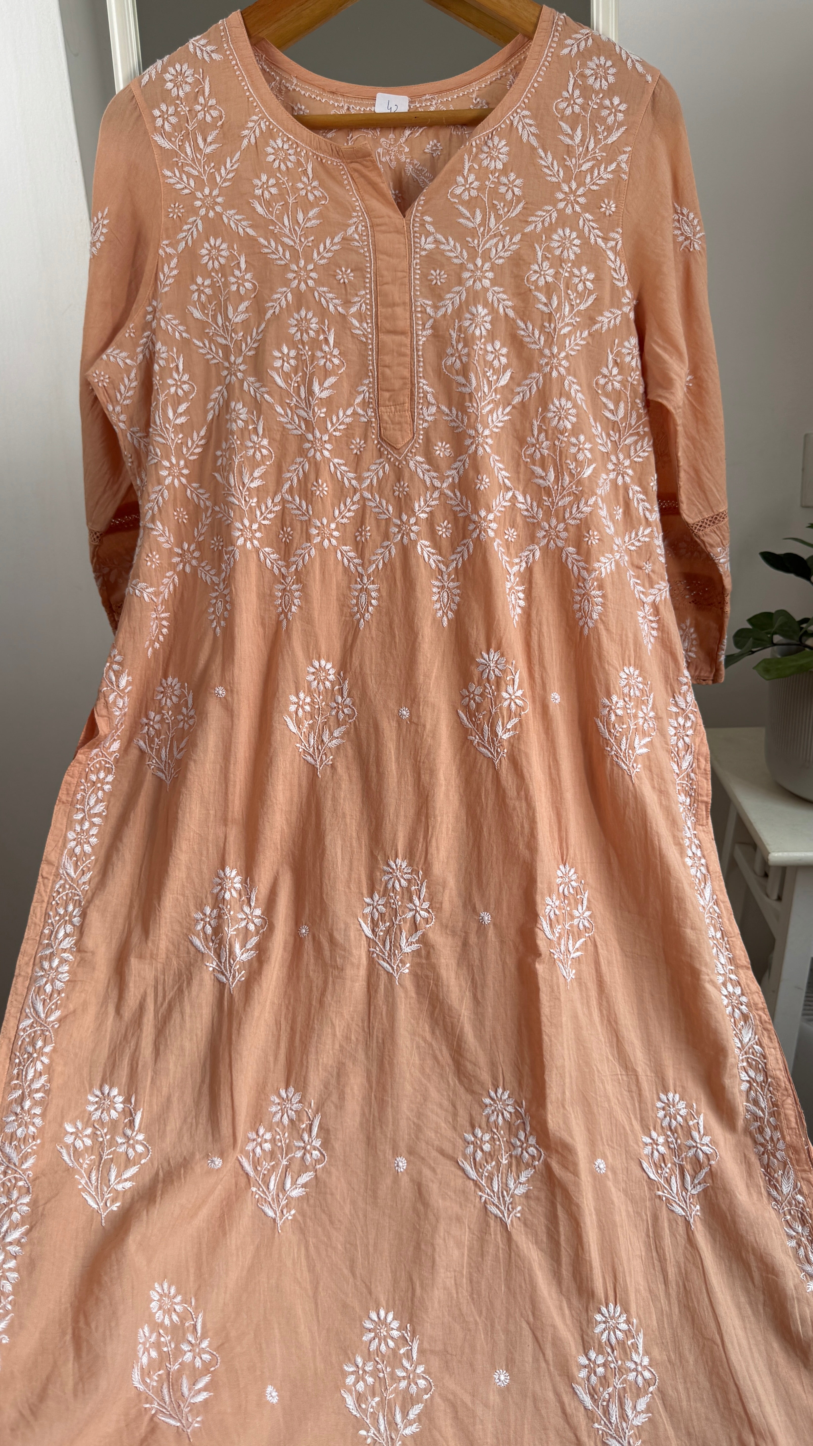 Mul Cotton Blush Orange Chikankari Kurti - Bela Collection