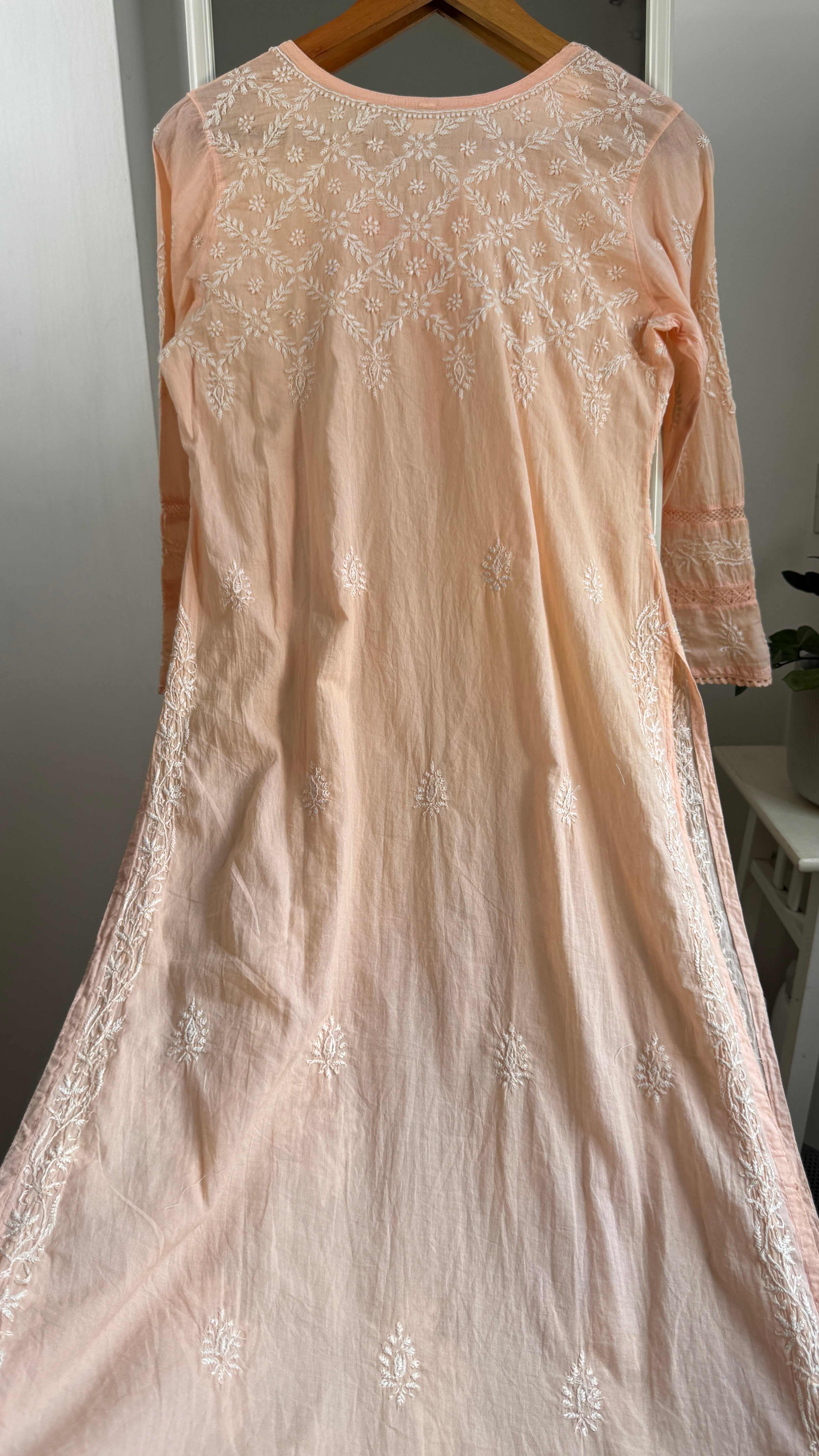 Mul Cotton Peach Chikankari Kurti - Bela Collection