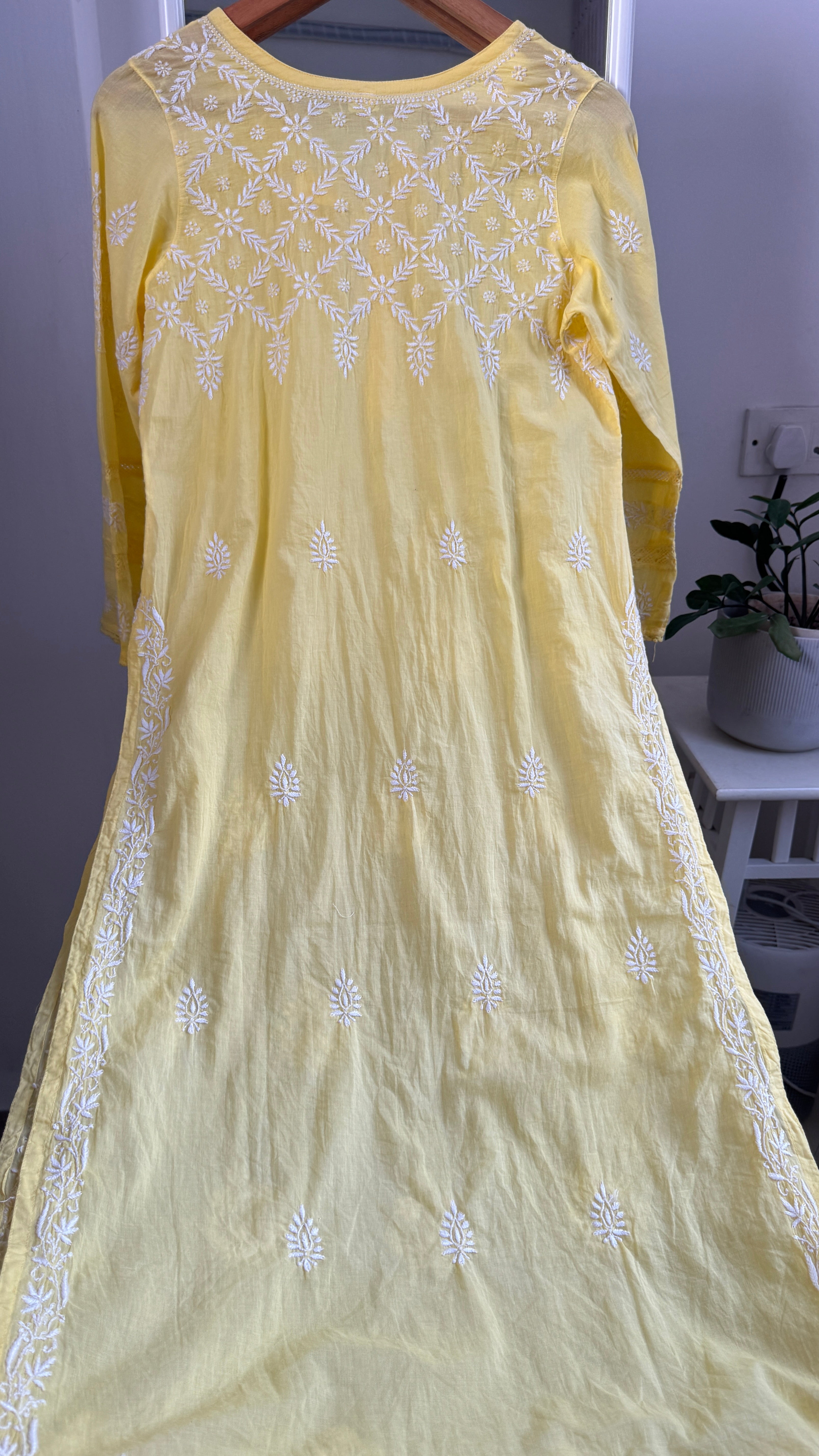 Mul Cotton Yellow Chikankari Kurti - Bela Collection