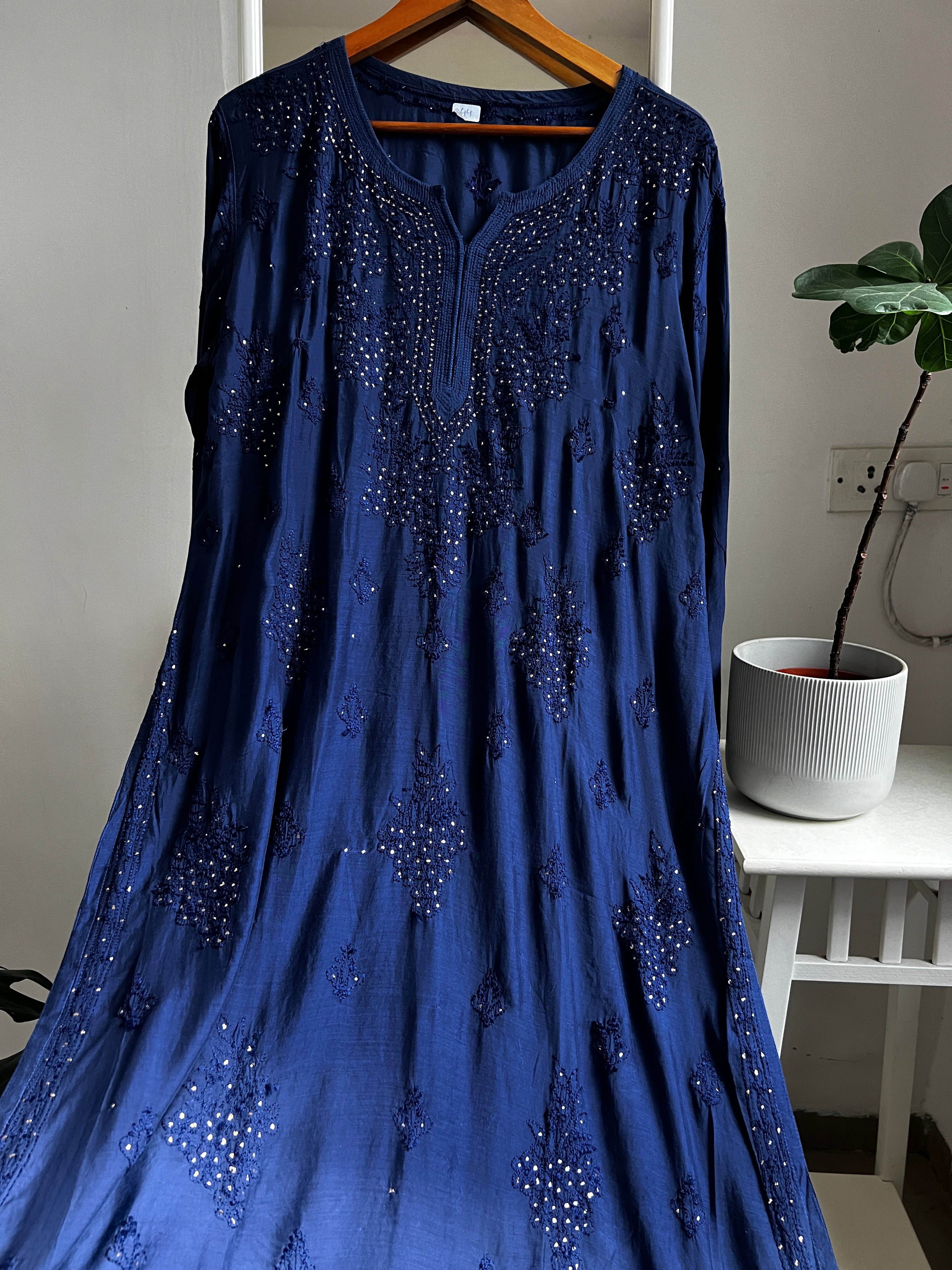 Muslin Chikankari Kurti with Mukaish work - Navy Blue