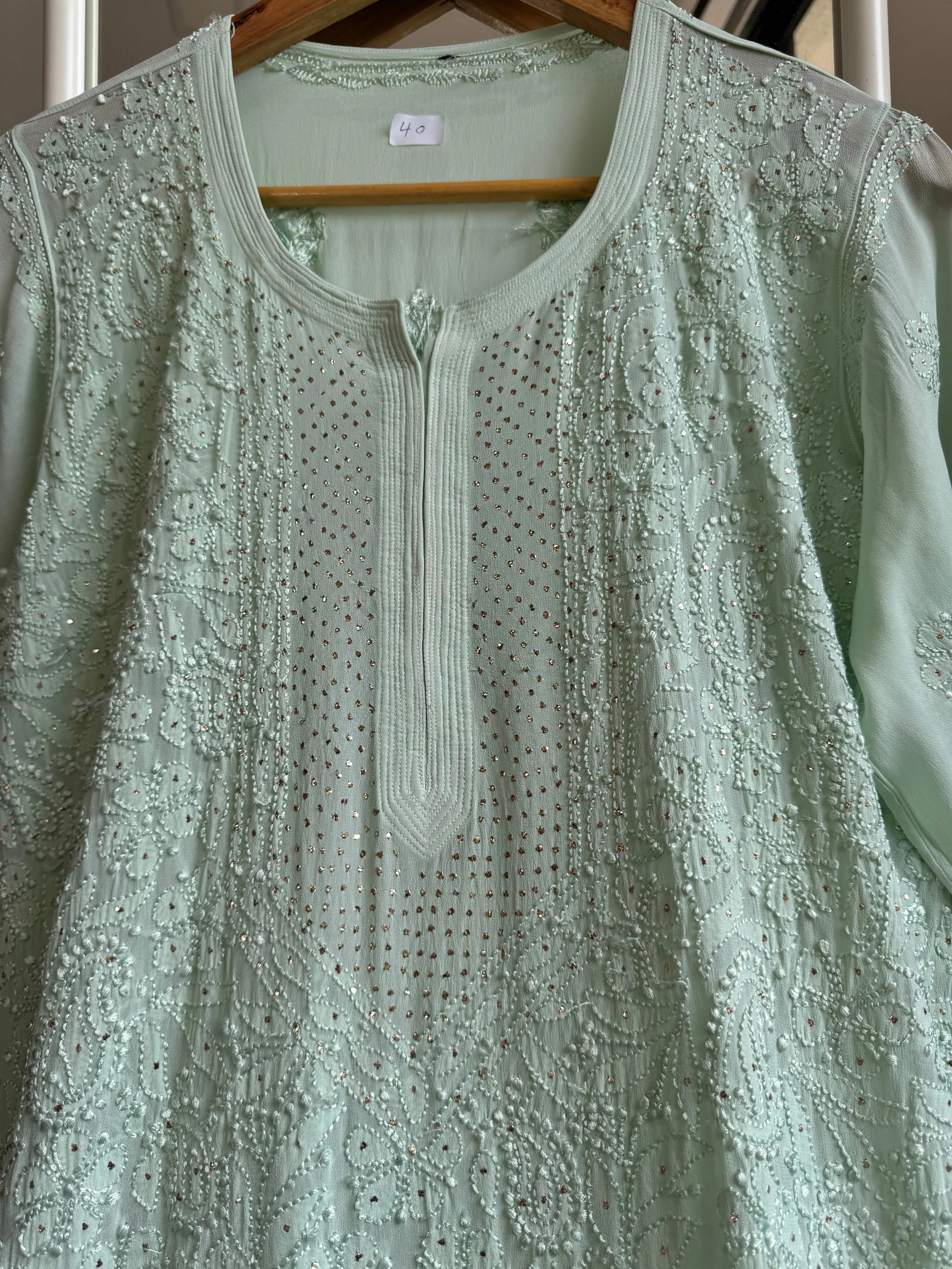 Viscose Kurti with Mukaish Work - Sage Green ARIAA CHIKANKARI