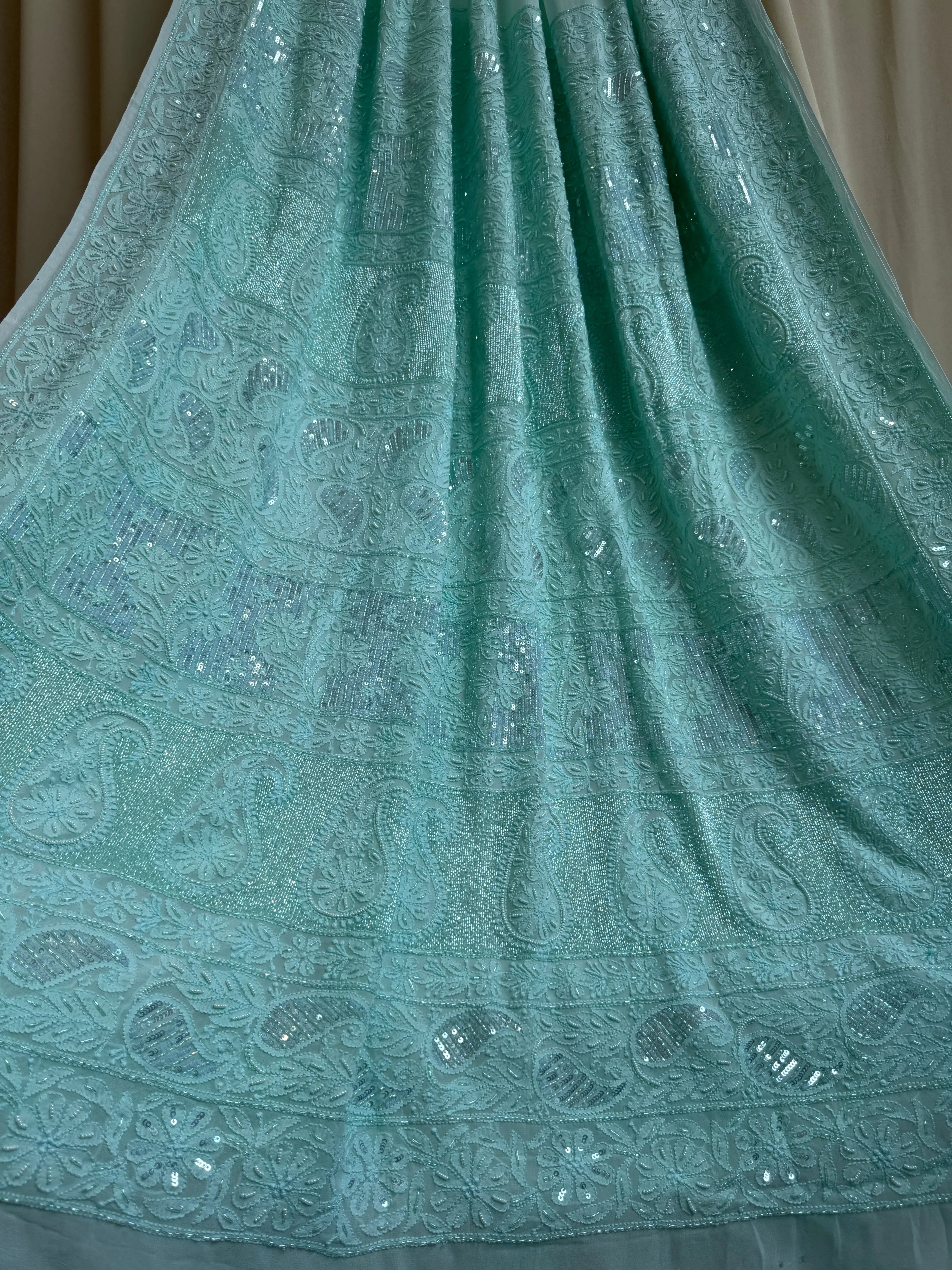 Viscose Green Chikankari saree with Pearl embellishments ARIAA CHIKANKARI