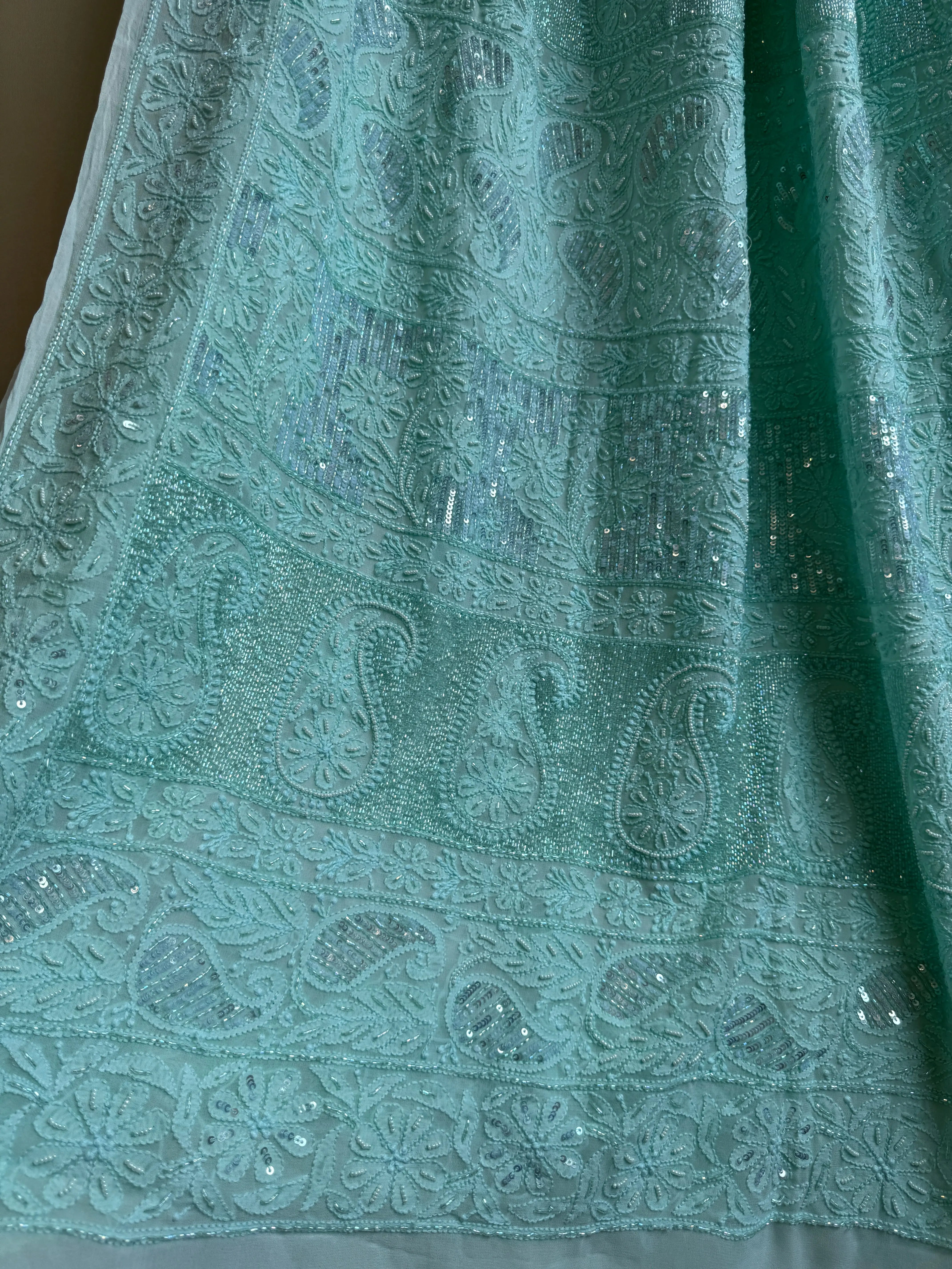 Viscose Green Chikankari saree with Pearl embellishments ARIAA CHIKANKARI