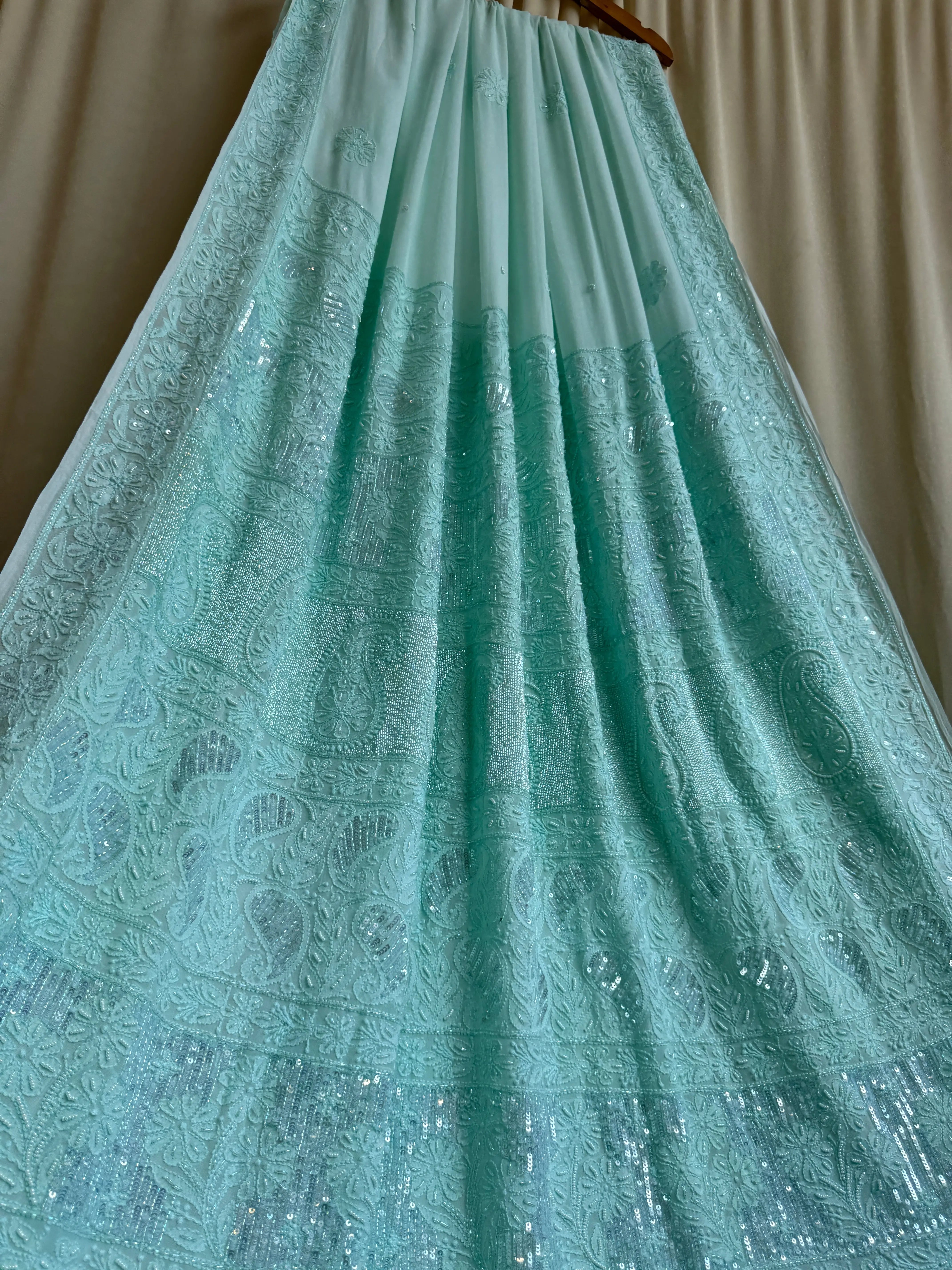 Viscose Green Chikankari saree with Pearl embellishments ARIAA CHIKANKARI